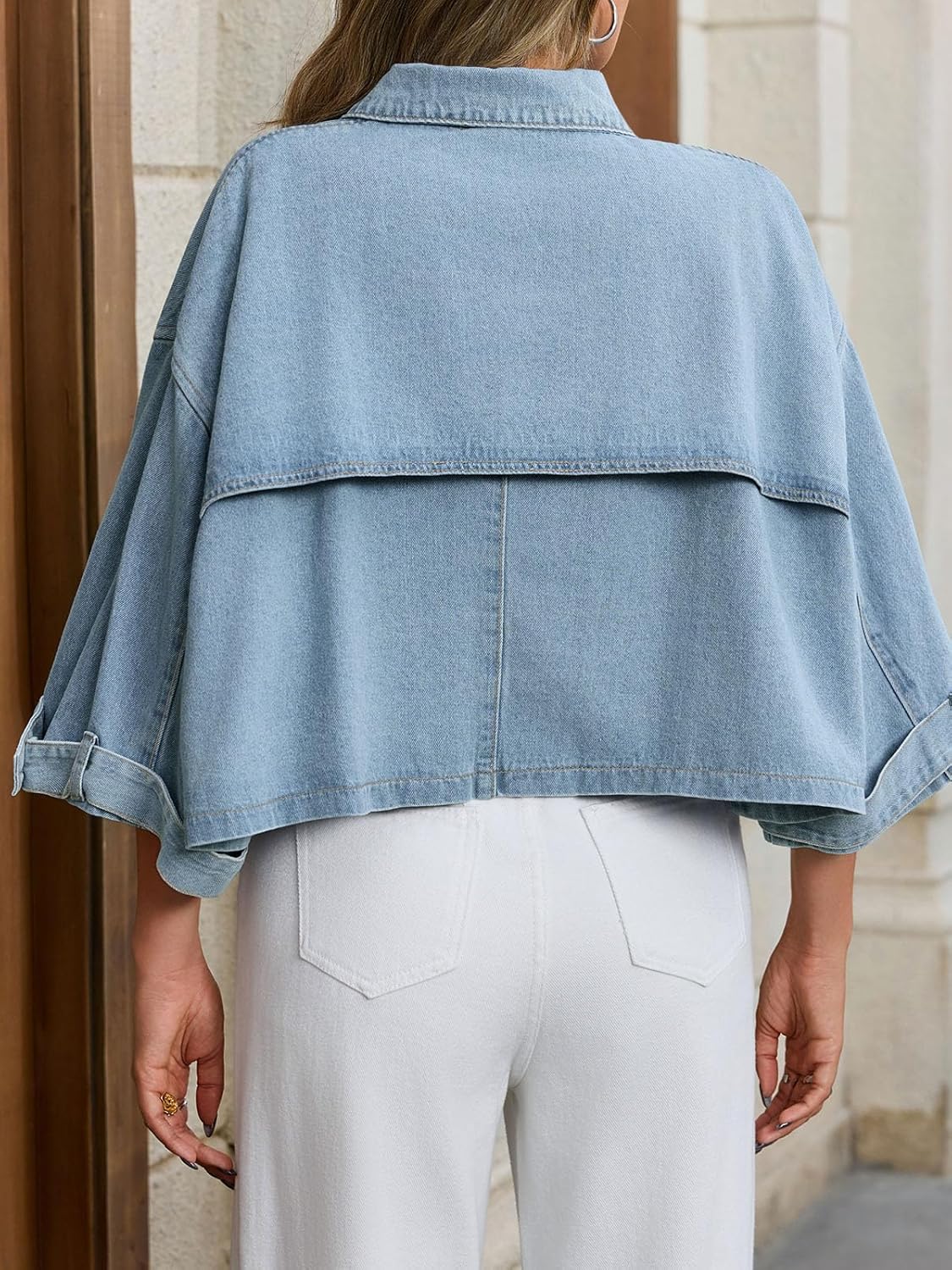 Tankaneo Womens Cropped Denim Jackets Casual Button Down Jean Shirt Shacket Loose 3/4 Sleeve Coat with Pockets - Image 4