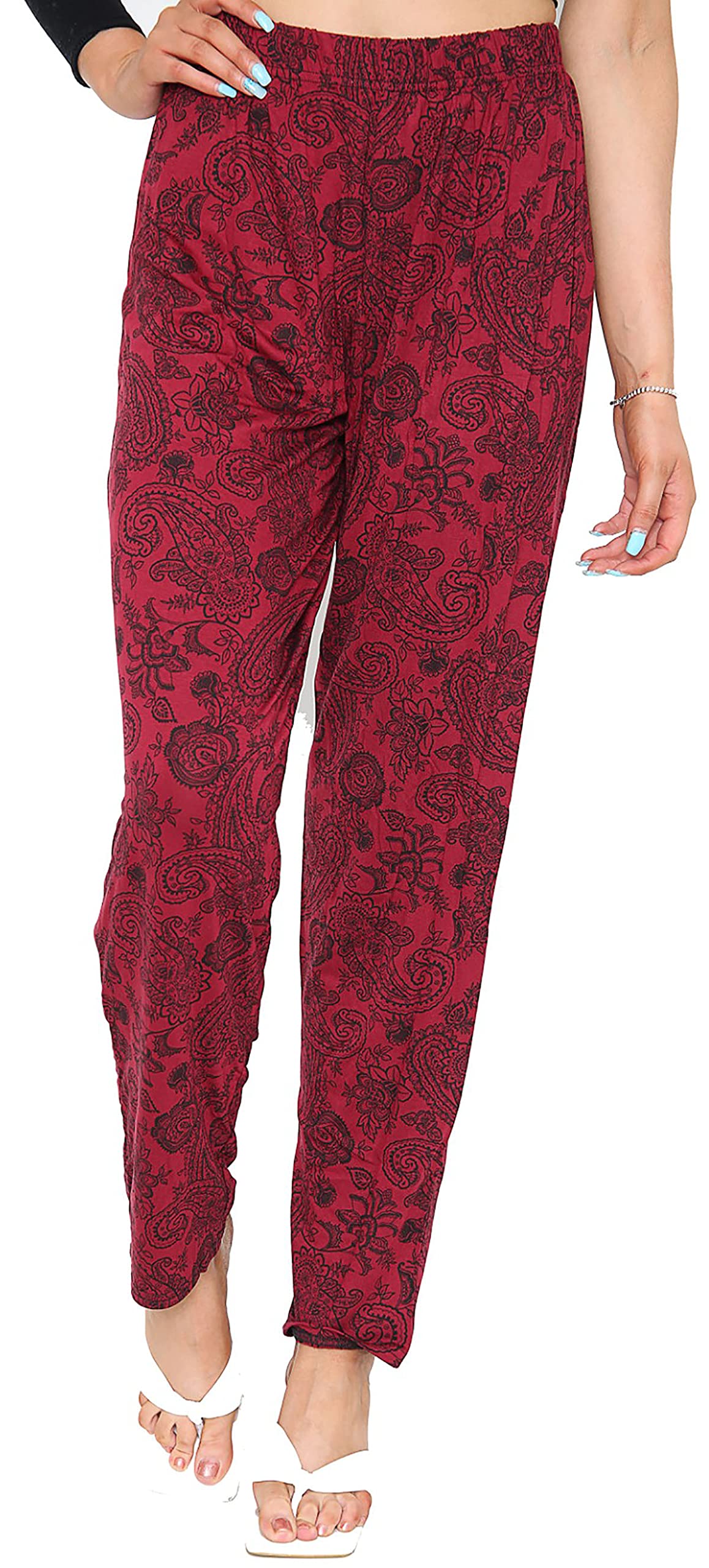 Wearall Women's Paisley Wine Floral Full Length Trousers Print Elasticated Waist Pants - 22-24