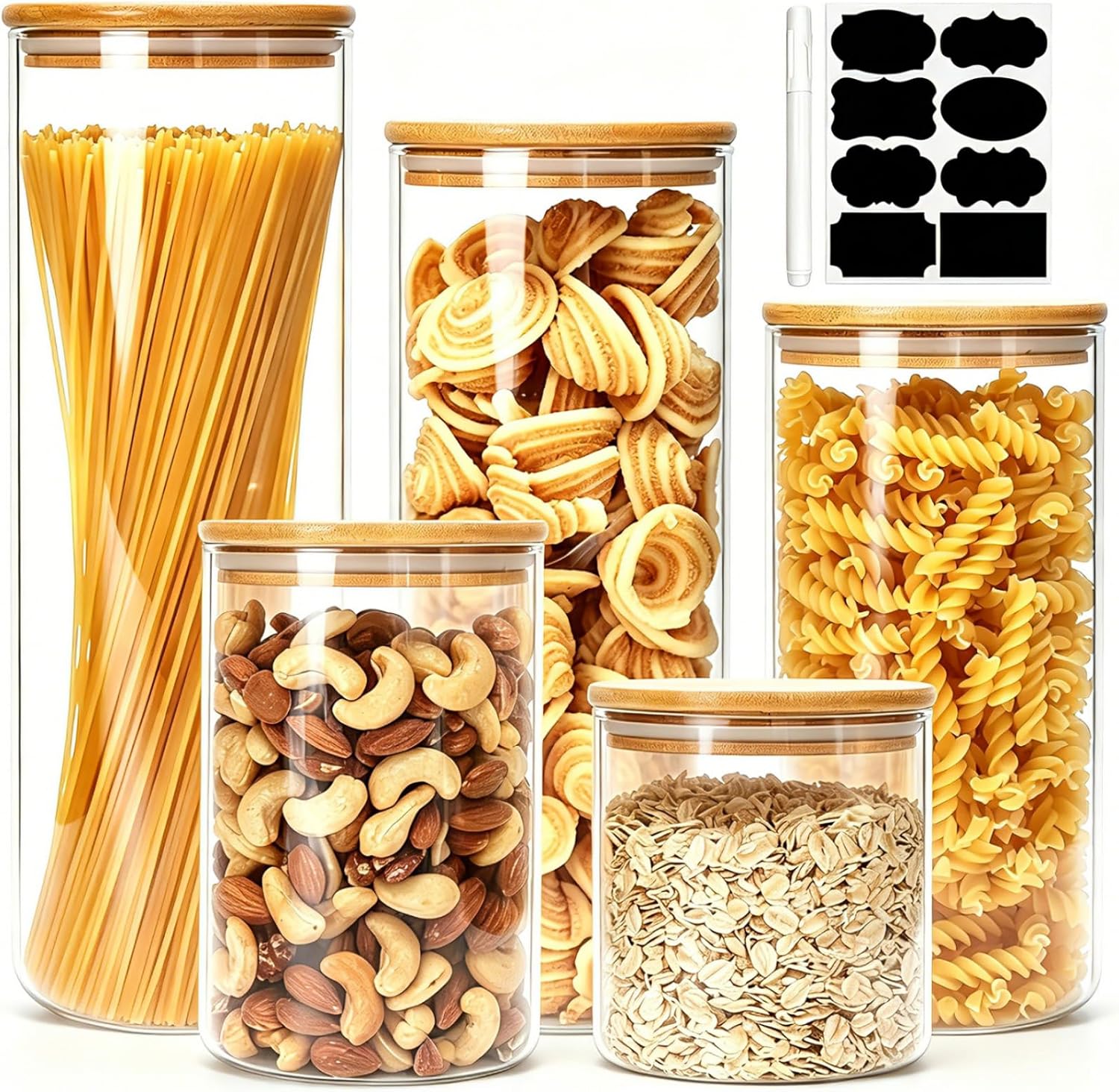 5 Pack Airtight Glass Jars with Bamboo Lids, Glass Food Storage Containers