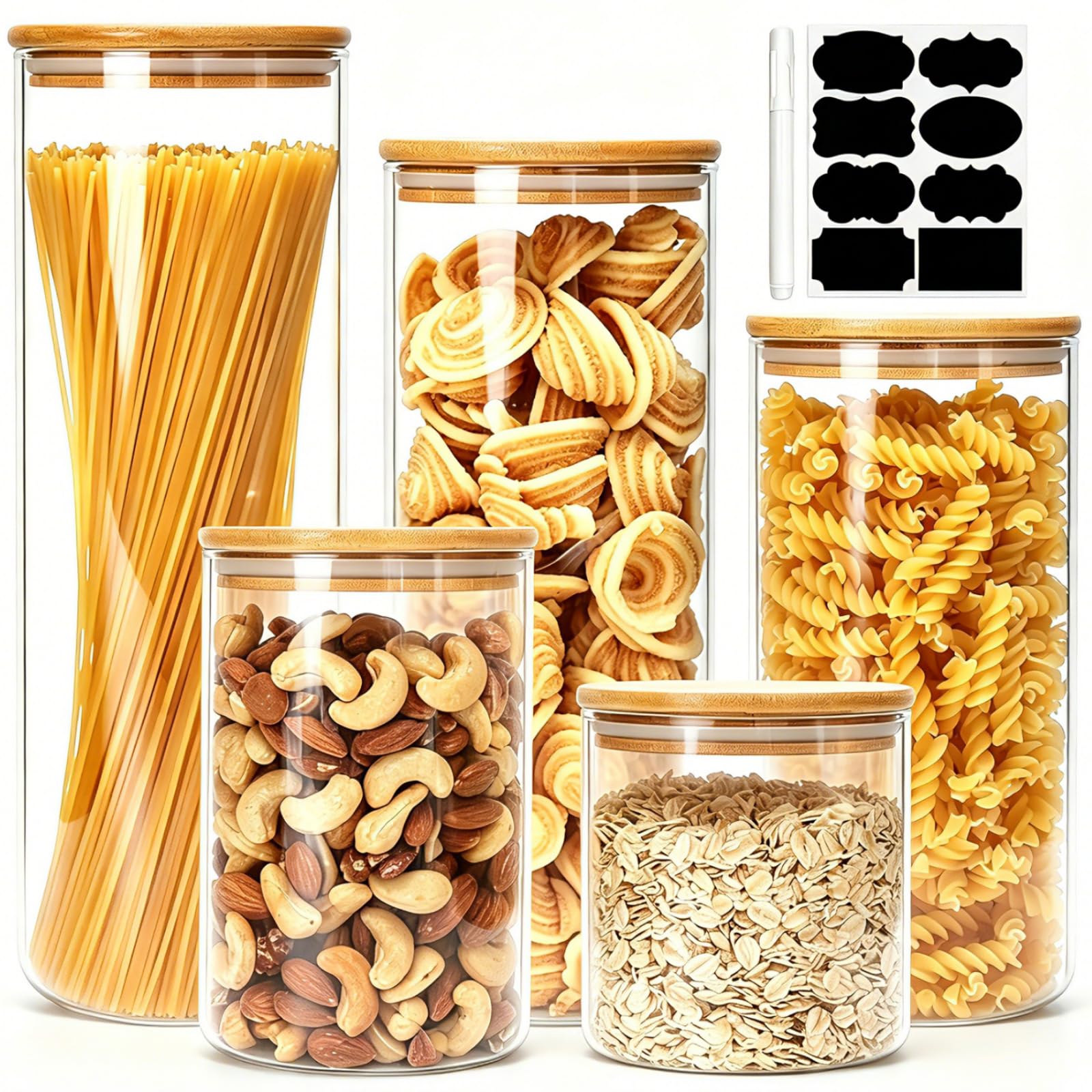 Flrolove Frischhaltedosen-Set aus Glas, luftdichte Lebensmittelgläser mit Bambus-Holzdeckel, Set mit 5 Küchenbehältern für Zucker, Süßigkeiten, Kekse, Reis und Gewürzdosen