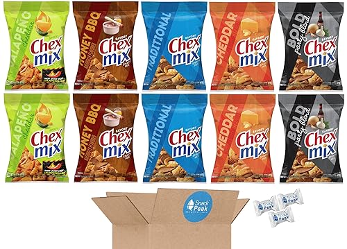Chex Mix Snack Peak - Caja de regalo variada (10 bolsas de 3.75 onzas) - Original, Cheddar, barbacoa de miel, queso cheddar jalapeño y atrevido