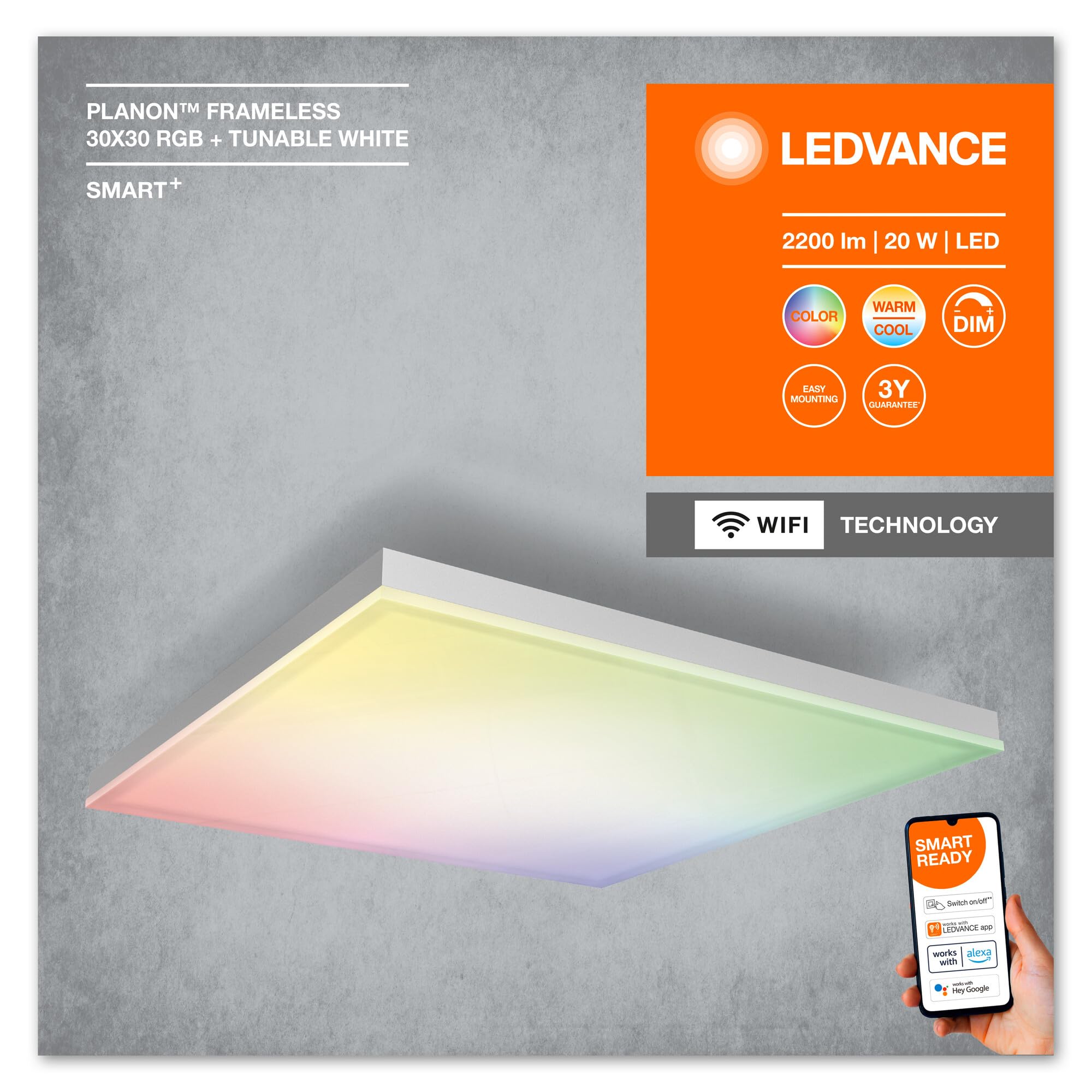 LEDVANCE Smarte LED Deckenleuchte, Panel für Innen mit WiFi Technologie, Lichtfarbe änderbar (3000K-6500K), RGB-Farben änderbar, 300mm x 300mm, Kompatibel mit Google und Alexa Voice Control, SMART+