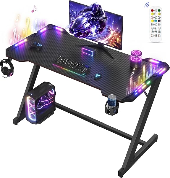VASAGLE Gaming Tisch mit LED, Z-Förmig, 120 x 60 x 76 cm
