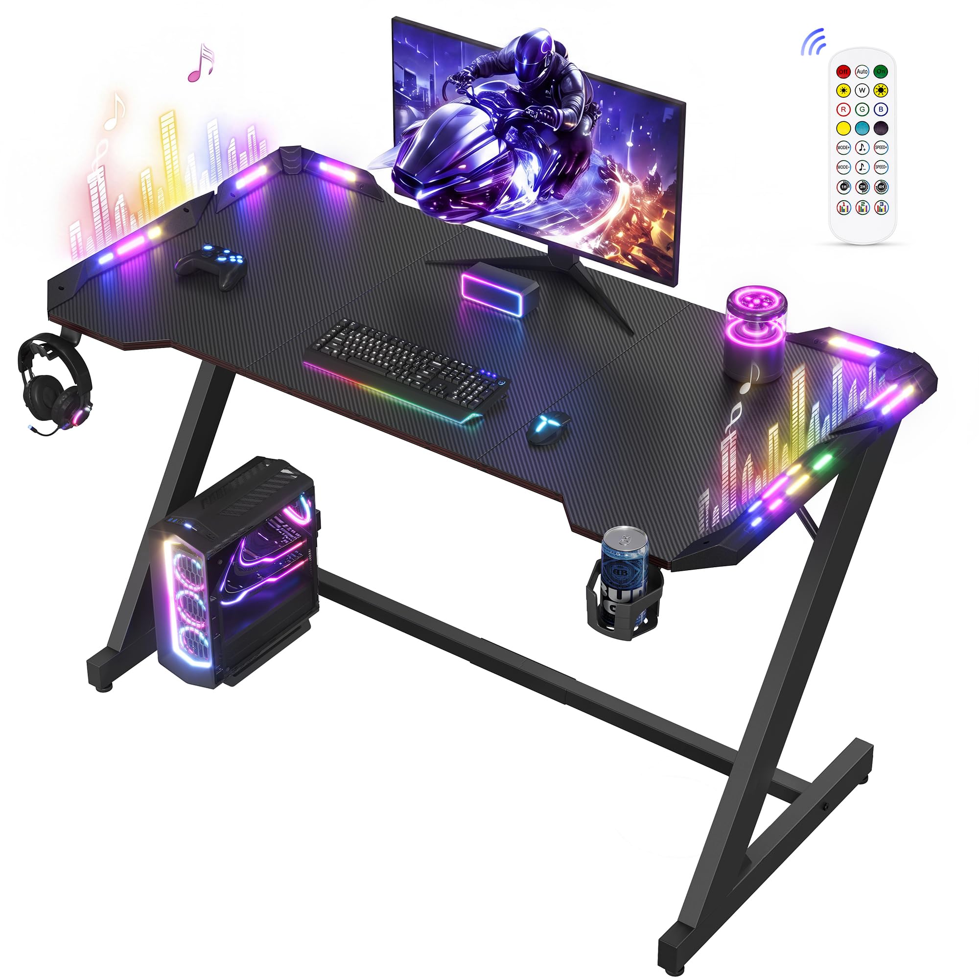 VASAGLE Gaming Desk with LED Lights, Z-Shaped, Carbon Fibre Surface