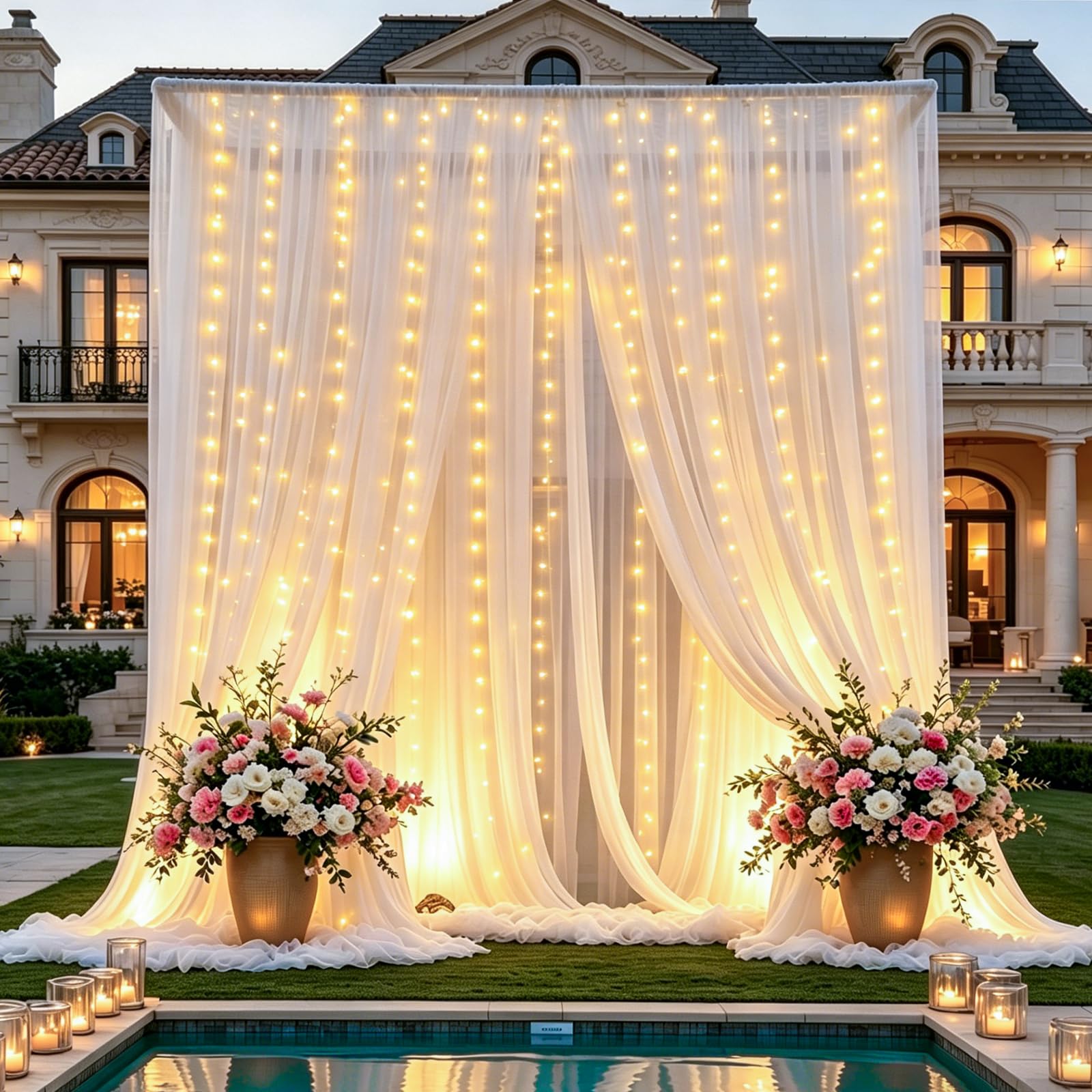 HAEFOO White Tulle Backdrop Curtains with Lights String for Parties - 10×8Ft Sheer Backdrop Curtains with Lights for Wedding, Baby Shower, Birthday