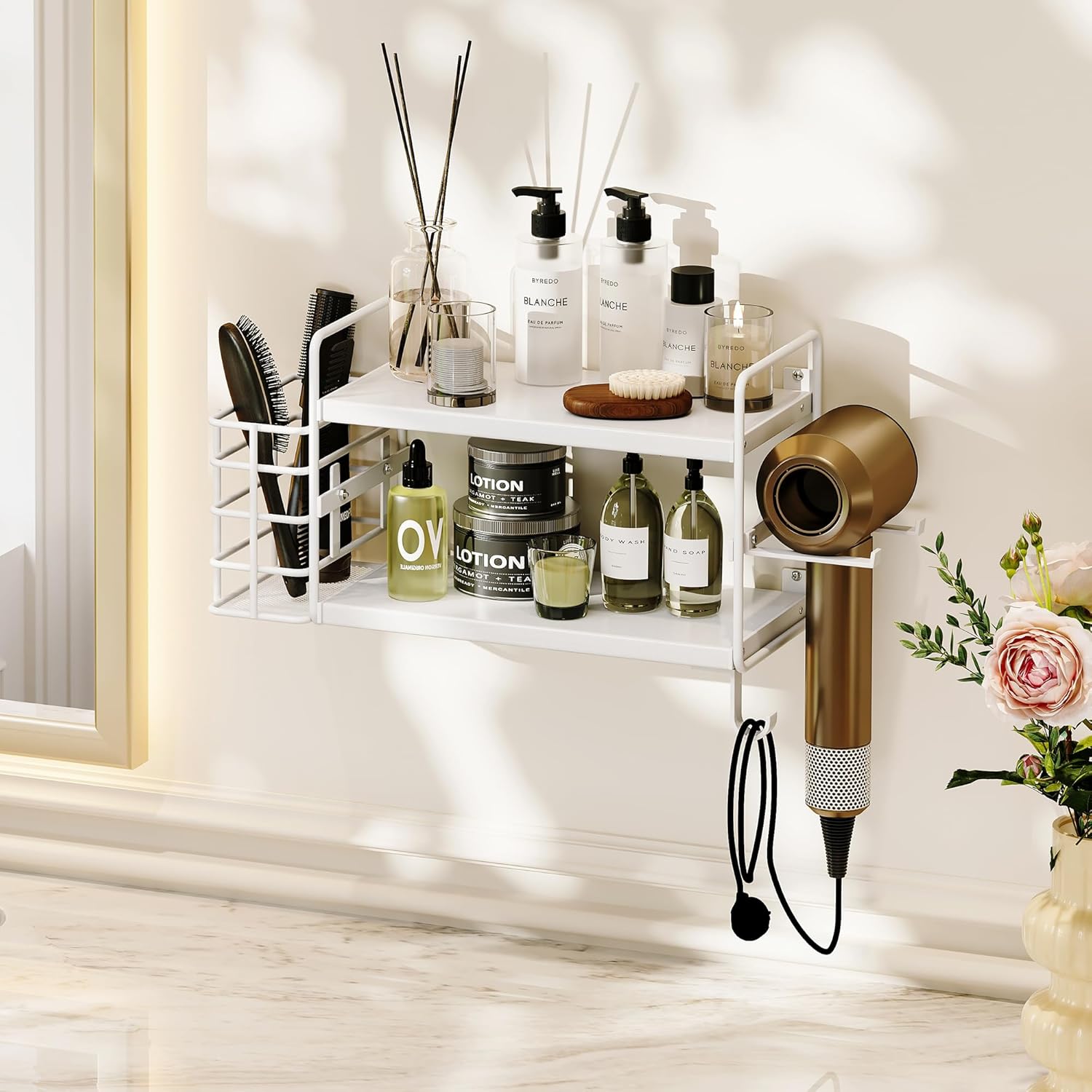 3-in-1 Wall Mounted Hair Dryer Holder with 2 Tier Shelves & Detachable Basket, Space Saving Organizer for Bathroom, Kitchen, Bedroom, Rust-Resistant, Easy Install (White)