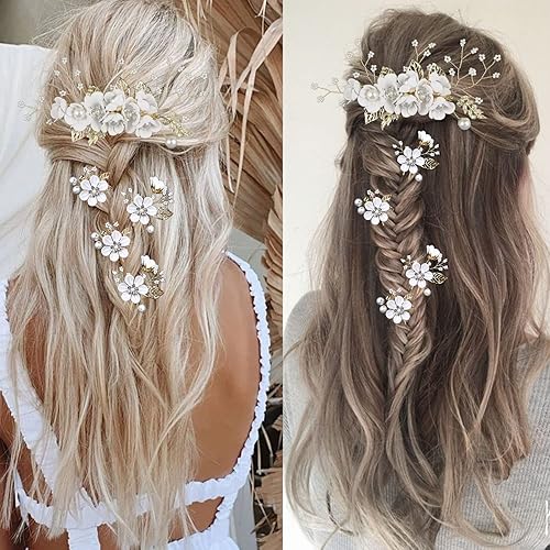 Miniatura 7 de 5 horquillas para el cabello de boda de flores nupciales con perlas de cristal, pinzas para el cabello, accesorios de boda dorados con diamantes de