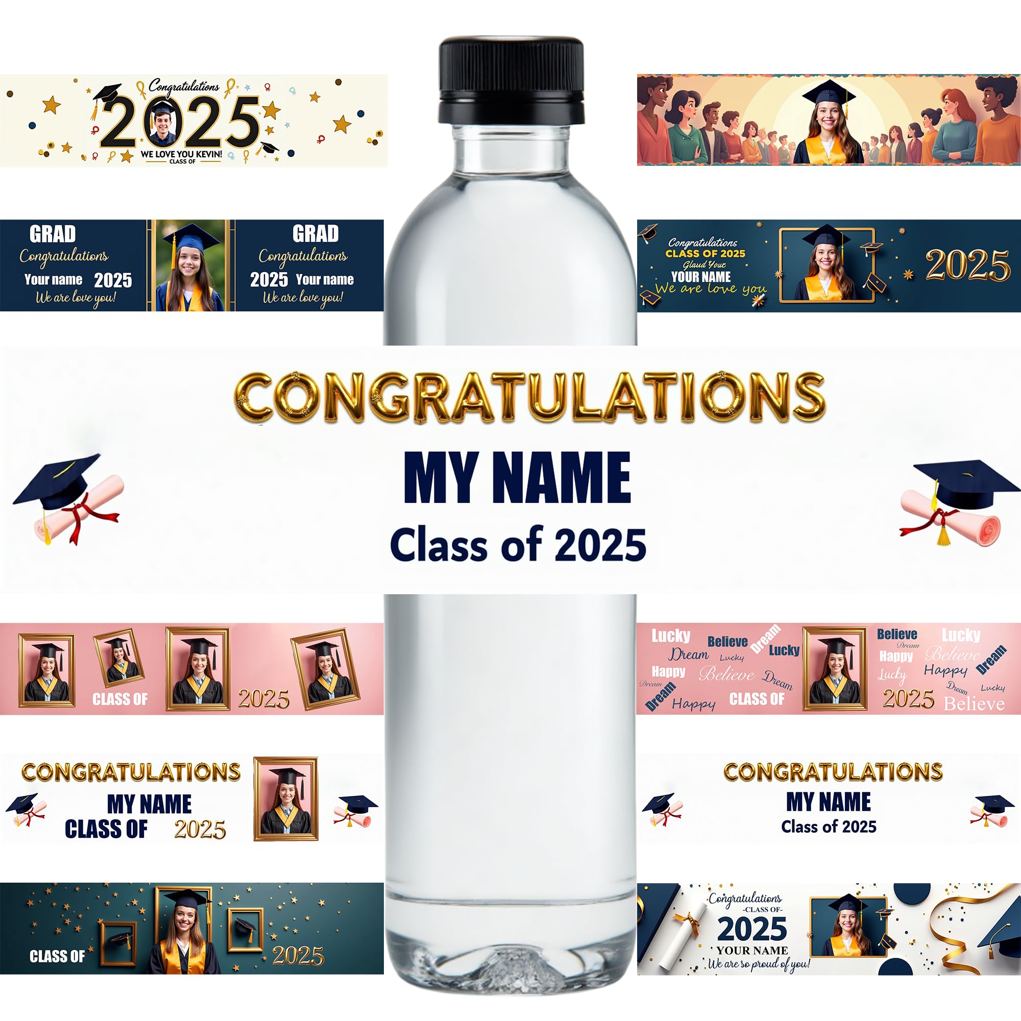 Personalised 'Class of 2025' Water Bottle Labels - Custom Photo & Name Stickers for Graduation | Waterproof Wrappers for Grad Party Favors, Senior Gifts & School Events