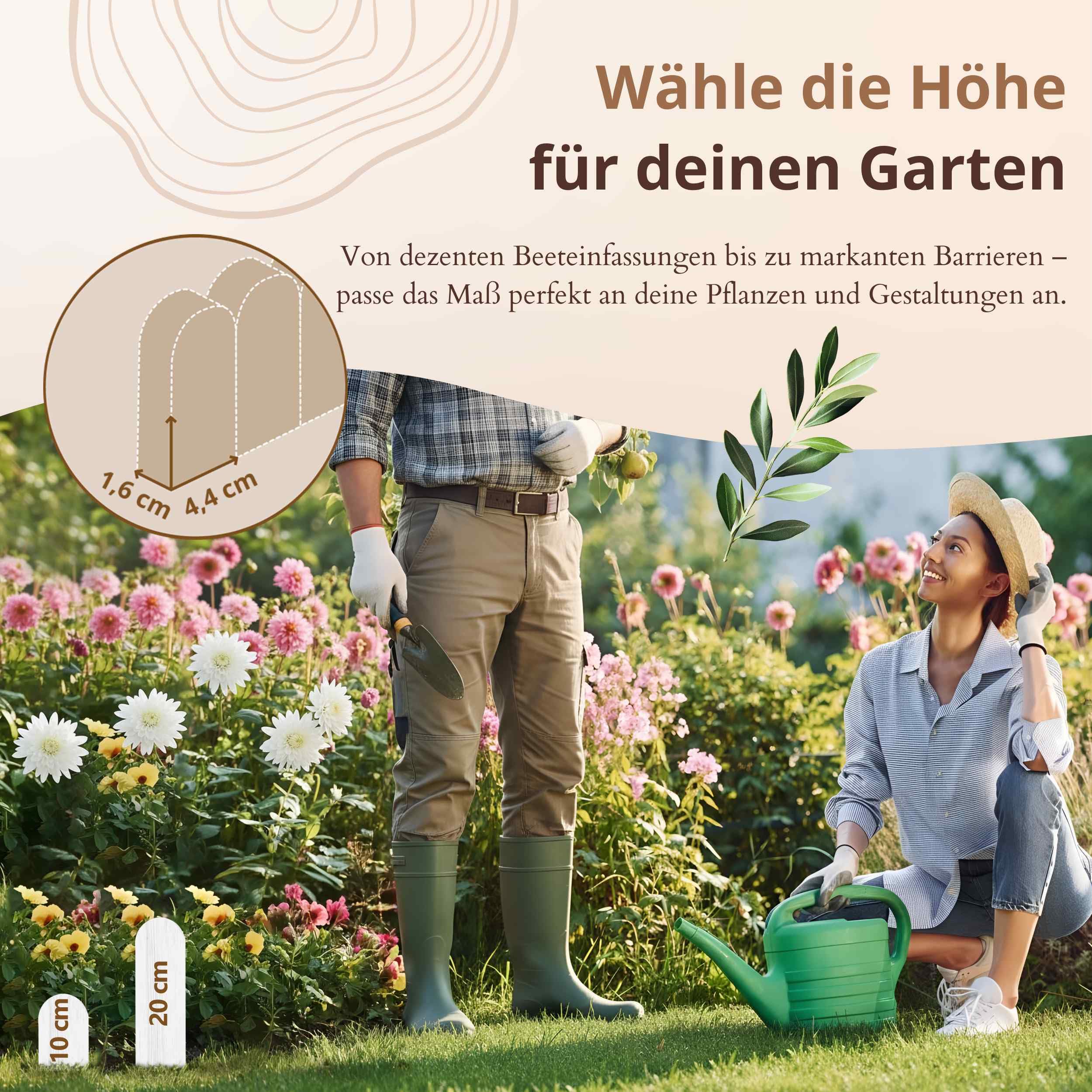 Floranica Beetumrandung Holz 10 m (5X à 2 m) H 20 cm Braun | Flexible Beeteinfassung aus Kiefernholz für Blumenbeet, Rabatten und Wege – chromfrei imprägniert, witterungsfest