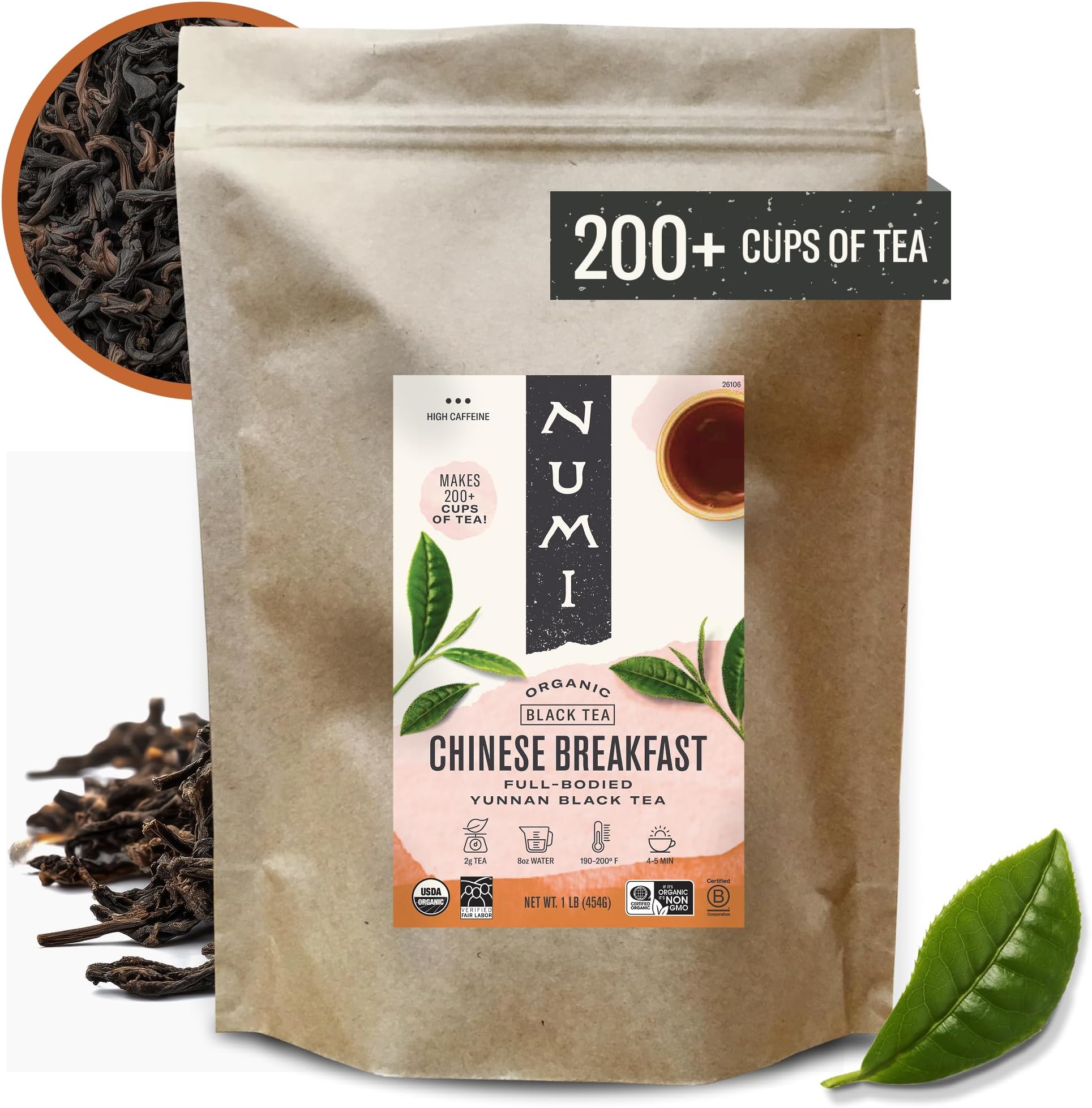 Numi Organic Chinese Breakfast Loose Leaf Tea, 16 Ounce Pouch, Yunnan Black Tea, Brews 200 Cups (Packaging May Vary)