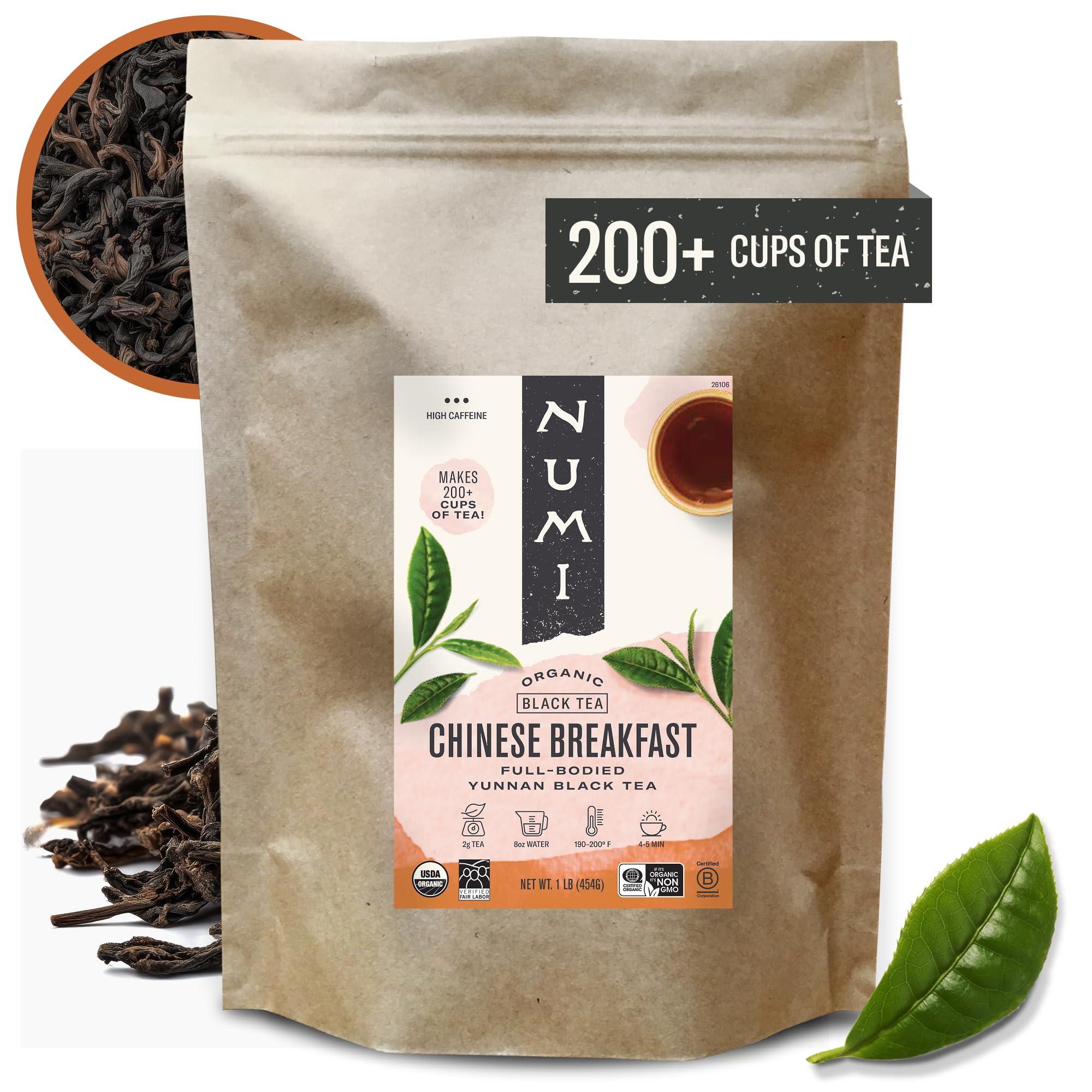 Numi Organic Chinese Breakfast Loose Leaf Tea, 16 Ounce Pouch, Yunnan Black Tea, Brews 200 Cups (Packaging May Vary)