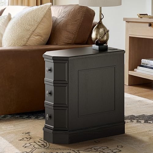 Miniatura 8 de Mesita de noche con estación de carga, mesa auxiliar de madera vintage con 3 cajones, mesa auxiliar estrecha Victoria, mesitas de noche delgadas