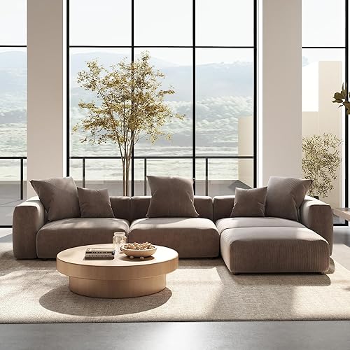 141.73" Modular Sectional Sofa Cloud Couch, L Shaped Sofa with Ottoman, Corduroy Couch with 5 Pillows, Oversized Corduroy Sectional Couches for Living Room, Washable Cover, Brown