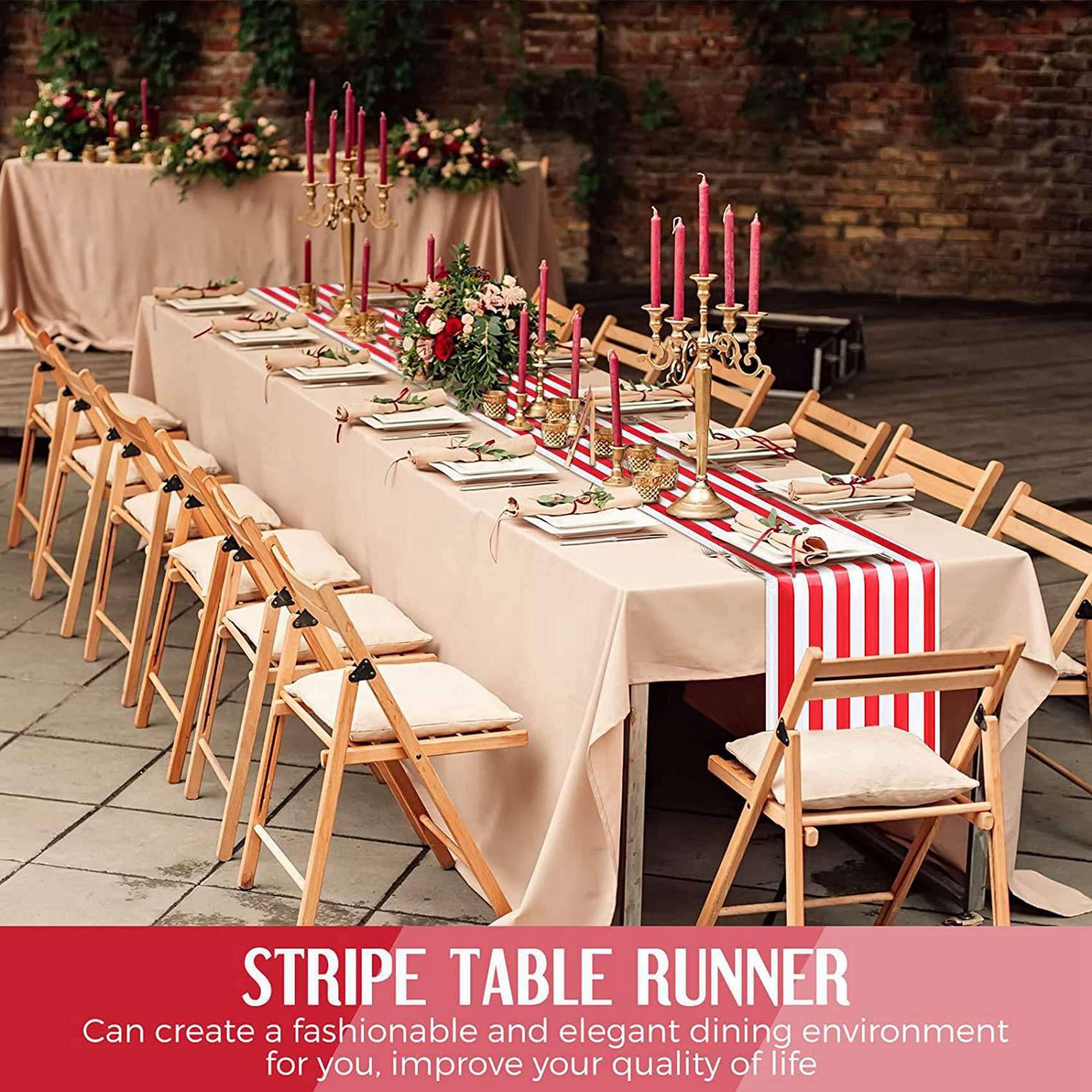 Lot de 18 chemins de table rayés en polyester - Décoration de table de mariage - Rouge et blanc - 12 x 108 cm