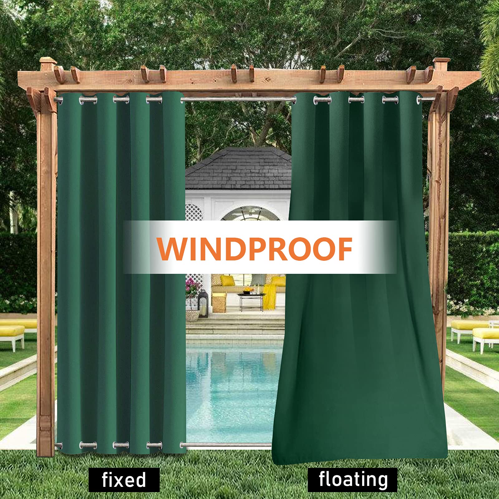 ele ELEOPTION Cortinas de Exterior Impermeables, Resistentes Viento, con Ojales Superior e Inferior, Cortina Opaca con Protección UV, para Balcón, Jardín, Patio, 4 Pieza/132 x 213 cm, Verde Oscuro