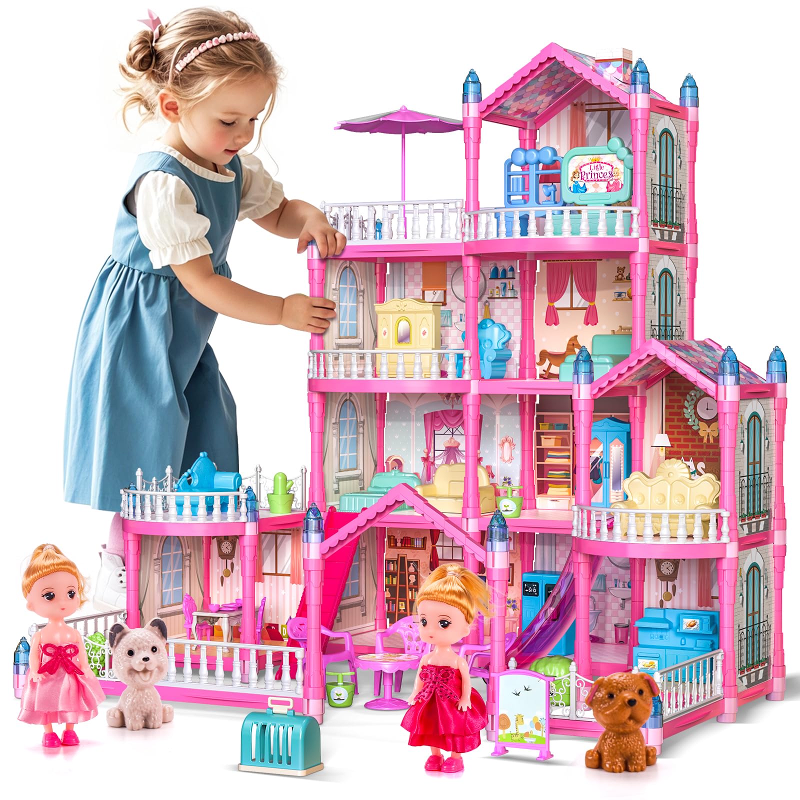 Doll House, 4-Story Dollhouse with Glow in The Dark, Girl Toys Doll House Playset with 2 Dolls, 12 Play Areas, Furniture & Accessories, Princess Gift Toys for Girls Ages 3 4 5 6 7 8 9+, Pink