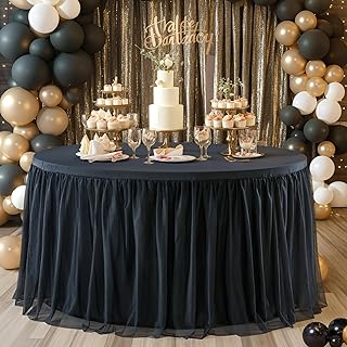 Black Tulle Round Table Cloth for 48 Inch Round Tables, Black Banquet Tablecloth Table Cover, Floor Length Tablecloths, Circle Tutu Tulle Table Cloths Table Skirt for Wedding Party Table Decorations