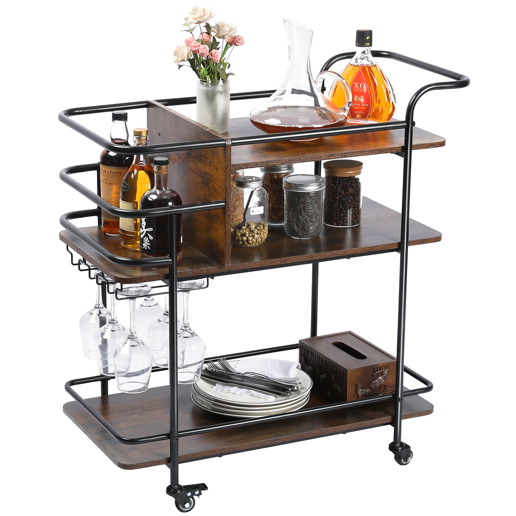 TQVAIHome Bar Serving Cart, 3 Tier Coffee Station Snack Beverage Cart, Microwave Cart with Wheels, Rolling Wine Bar Cart with Wine Rack and Glass Holder, Black/Antique