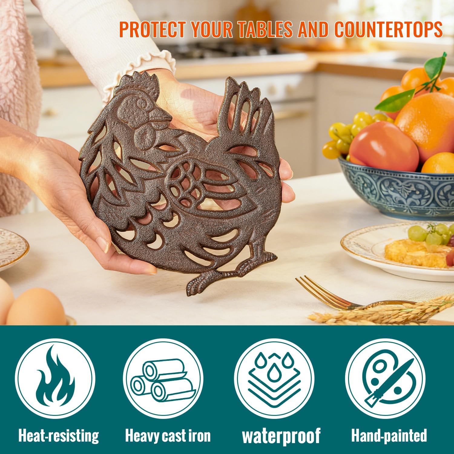 Sungmor Heavy Duty Cast Iron Hen Trivet,Decorative Heat Insulation Pad for Kitchen or Dining Table,7.7"x7.1" with Vintage Brown Finish
