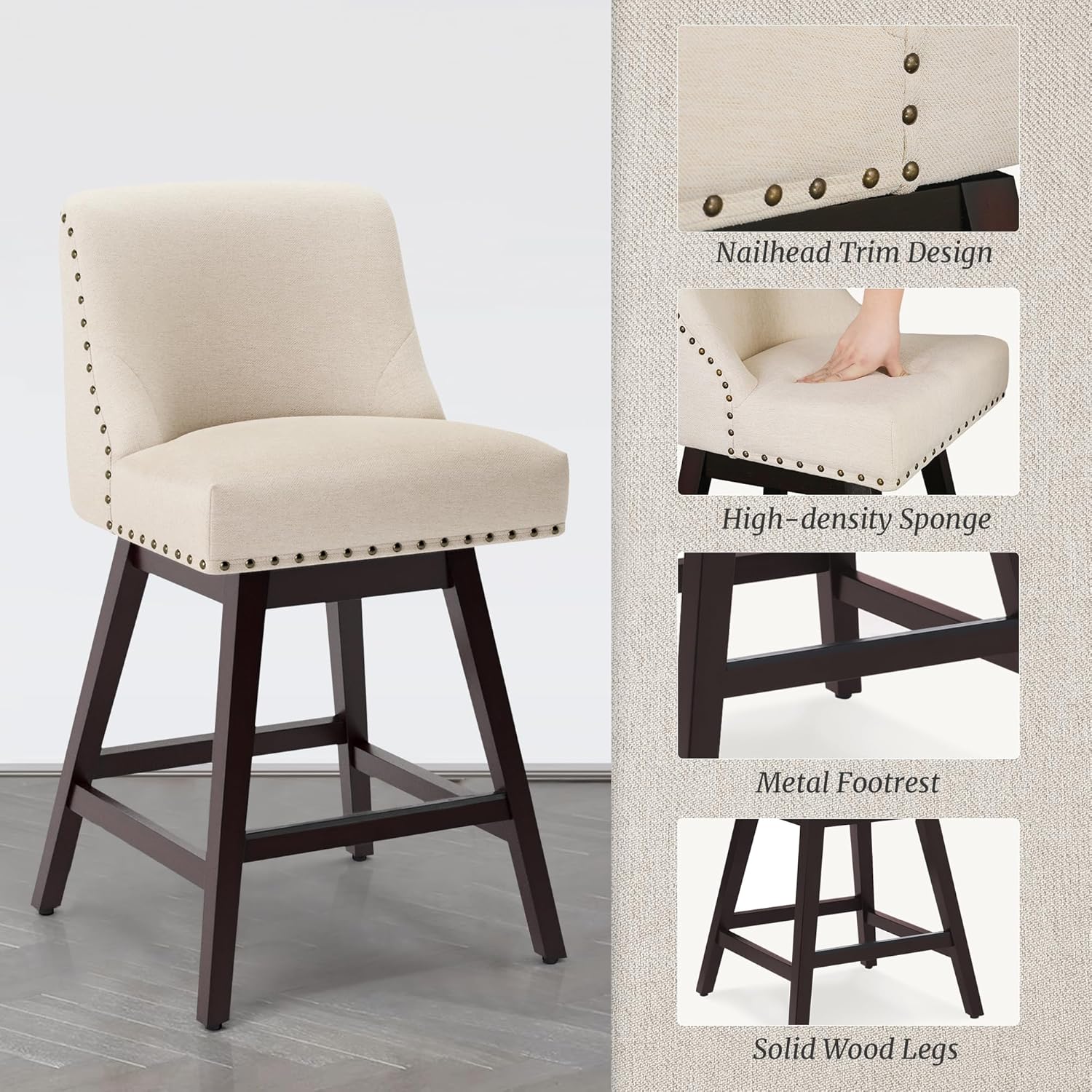 Cozyman Counter Height Bar Stool, 2 Pcs Modern Mid-Century Swivel Barstools with Backs and Wood Legs, 26" Seat Height Counter Stools for Kitchen Island, Linen Color