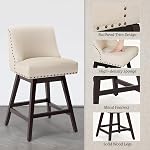 Cozyman 26 Inch Bar Stools Set of 2, Linen Color Swivel Counter Stools with Back, Linen Fabric Upholstered Barstools, Solid Wood Legs with Footrest, Modern Bar Stool for Kitchen Island, Pub