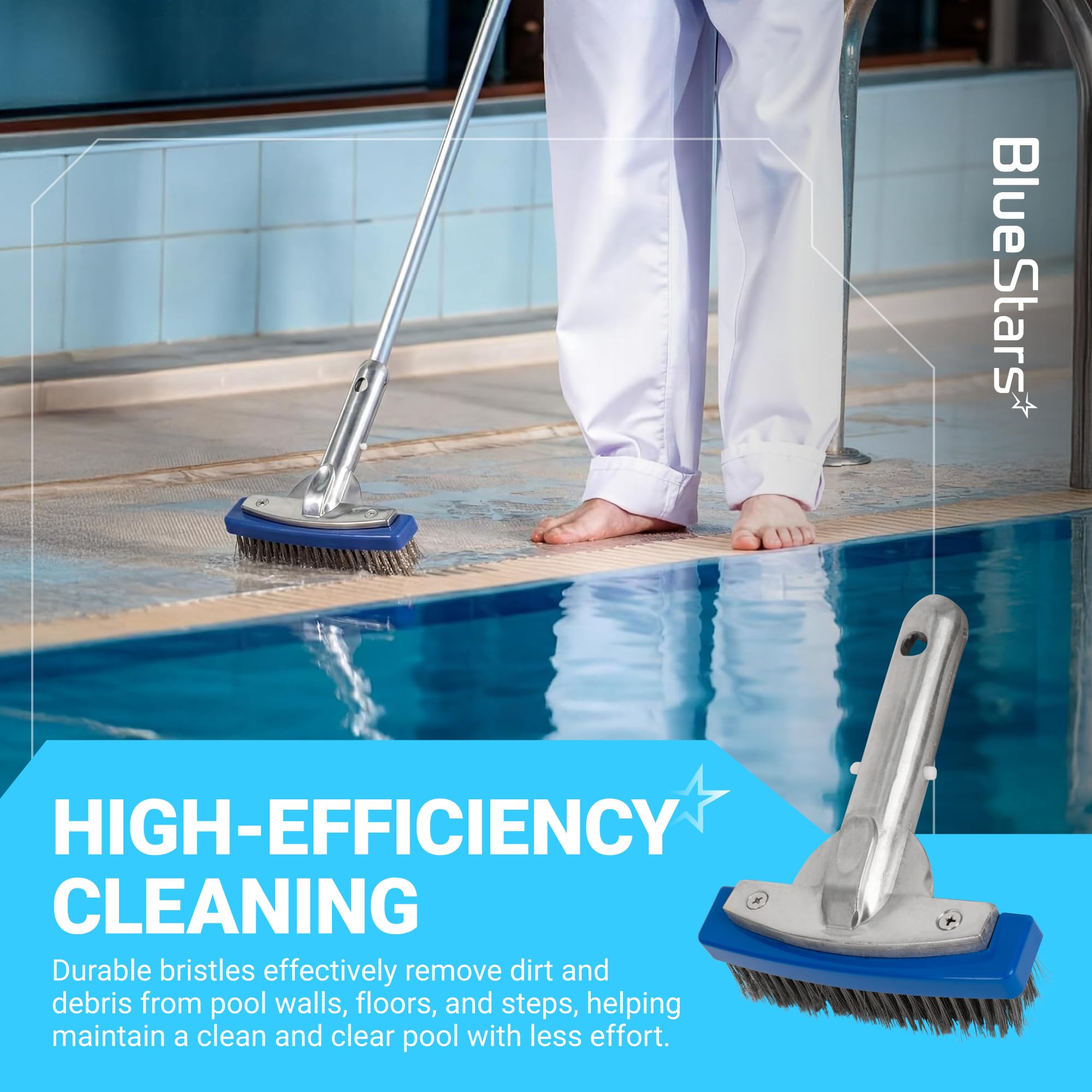BlueStars Cepillo de piscina resistente de 12,7 cm con alambre de cerdas de acero inoxidable y mango de aluminio de 12,7 cm, adecuado para hacer frente a manchas difíciles en paredes, azulejos,