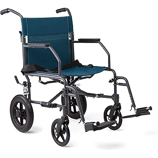 Medline Transport Wheelchair with Lightweight Steel Frame, Folding Chair is Portable, Large 12 inch Back Wheels, 19 inch Wide Seat, Teal