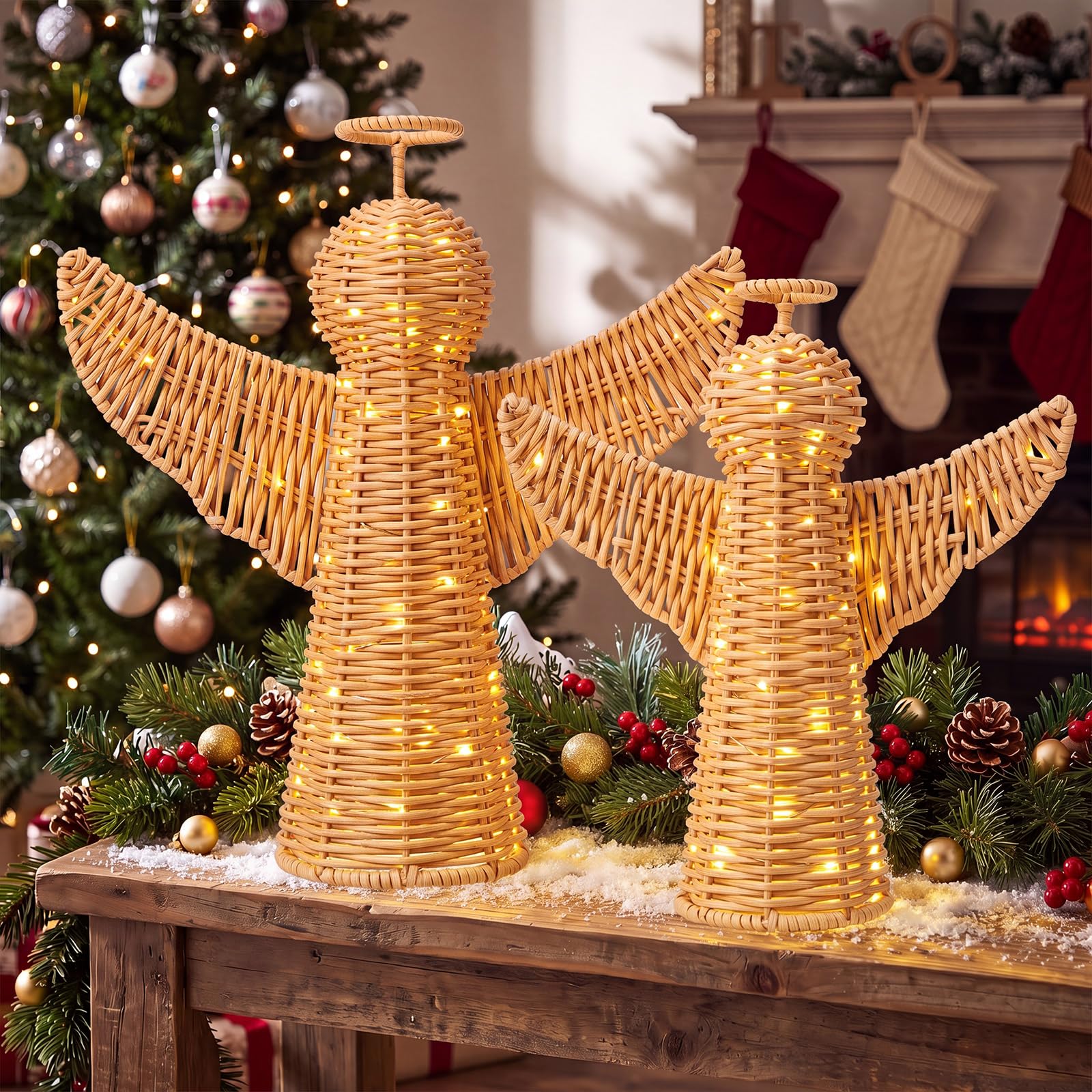 Yookeer 2 piezas de árbol de Navidad de ángel de ratán tejido con luces LED, adornos de mesa marrón natural hechos a mano para decoración rústica de vacaciones