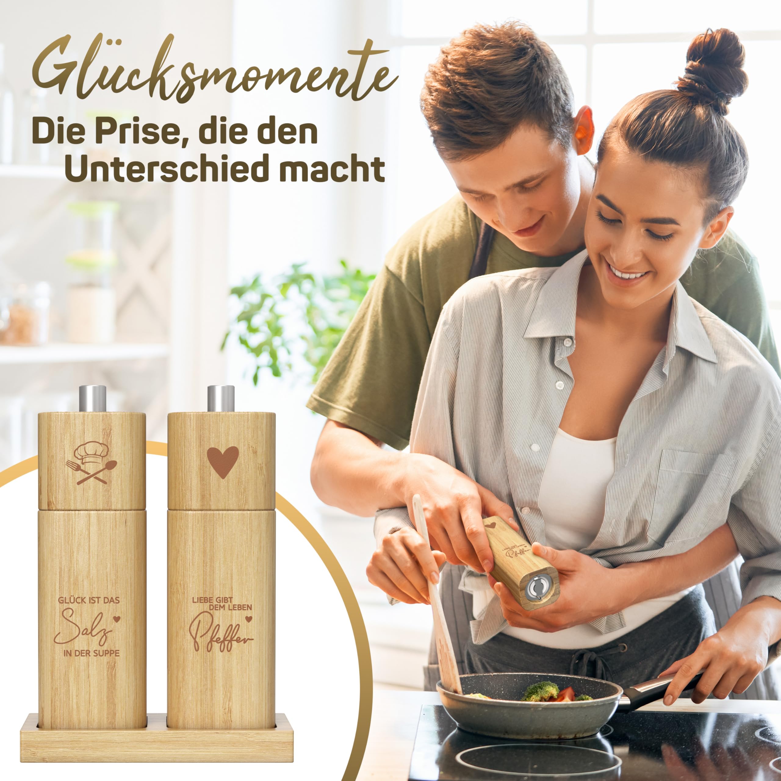 ELBFUCHS® Salz und Pfeffermühle Holz Groß [PERFEKTE GESCHENKIDEE] Liebevolles 2-er Set Pfeffer und Salzmühle mit Keramikmahlwerk | Ideal für Hölzerne Hochzeit Geschenk Einzug, Polterabend
