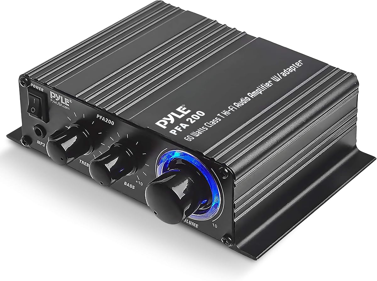 Pyle Home Mini amplificador de audio - Receptor estéreo HiFi de sonido envolvente de doble canal portátil de 60 W con adaptador de CA de 12 V, AUX, entrada de micrófono, compatible con teléfonos inteligentes, iPhone, iPod, MP3 para altavoces de 2-8 ohmios - Pyle PFA200