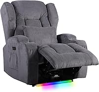 Vista 1 de Silla reclinable eléctrica con calor y masaje, sofá reclinable de tela de lino para sala de estar, asiento de cine en casa con luces LED coloridas