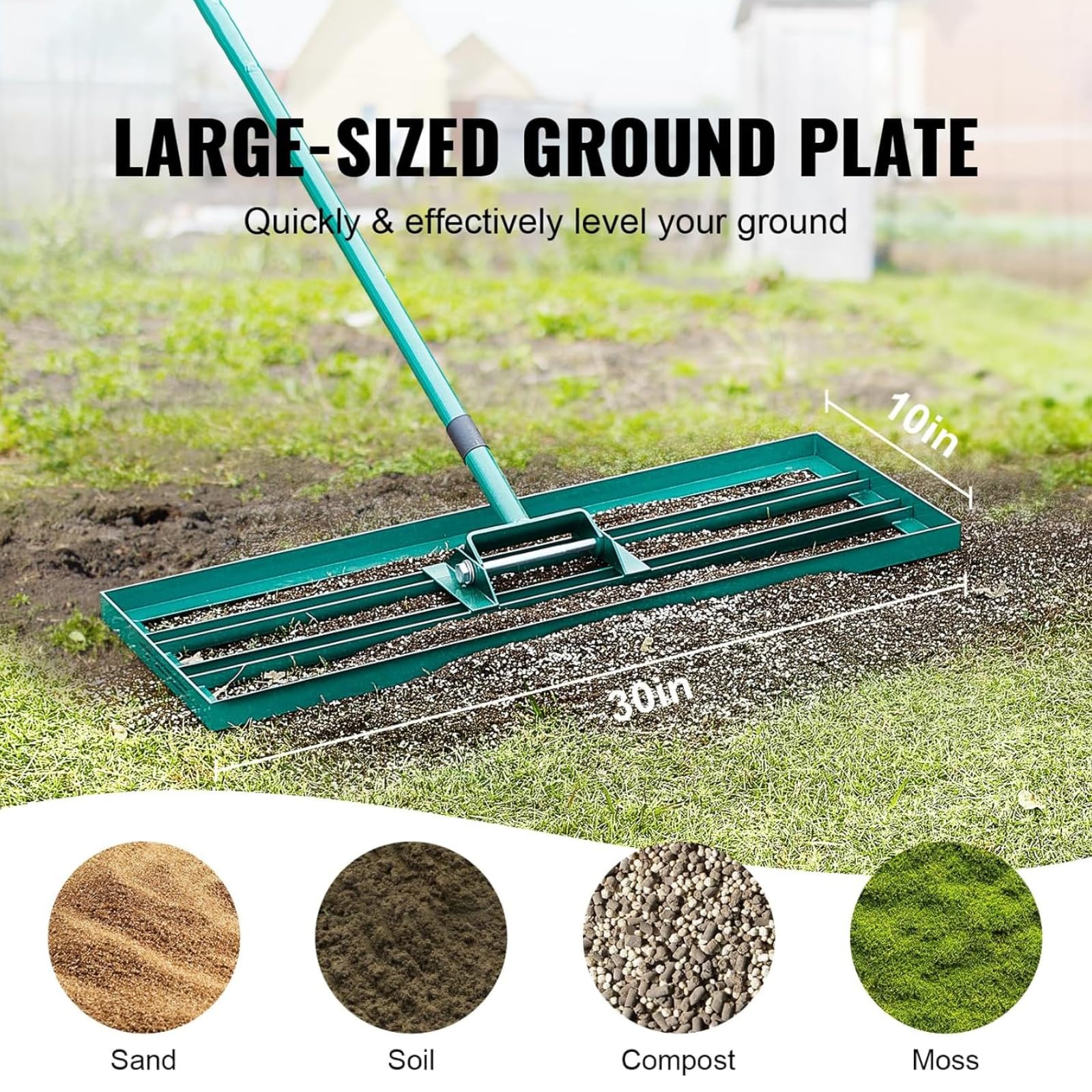 Rozsiewacz kompostu z grabiami do wyrównywania trawnika, kosz o szerokości 24" z regulowanym uchwytem i narzędzie do wyrównywania trawnika o wymiarach 30"x10" z uchwytem o długości 78", pomarańczowo