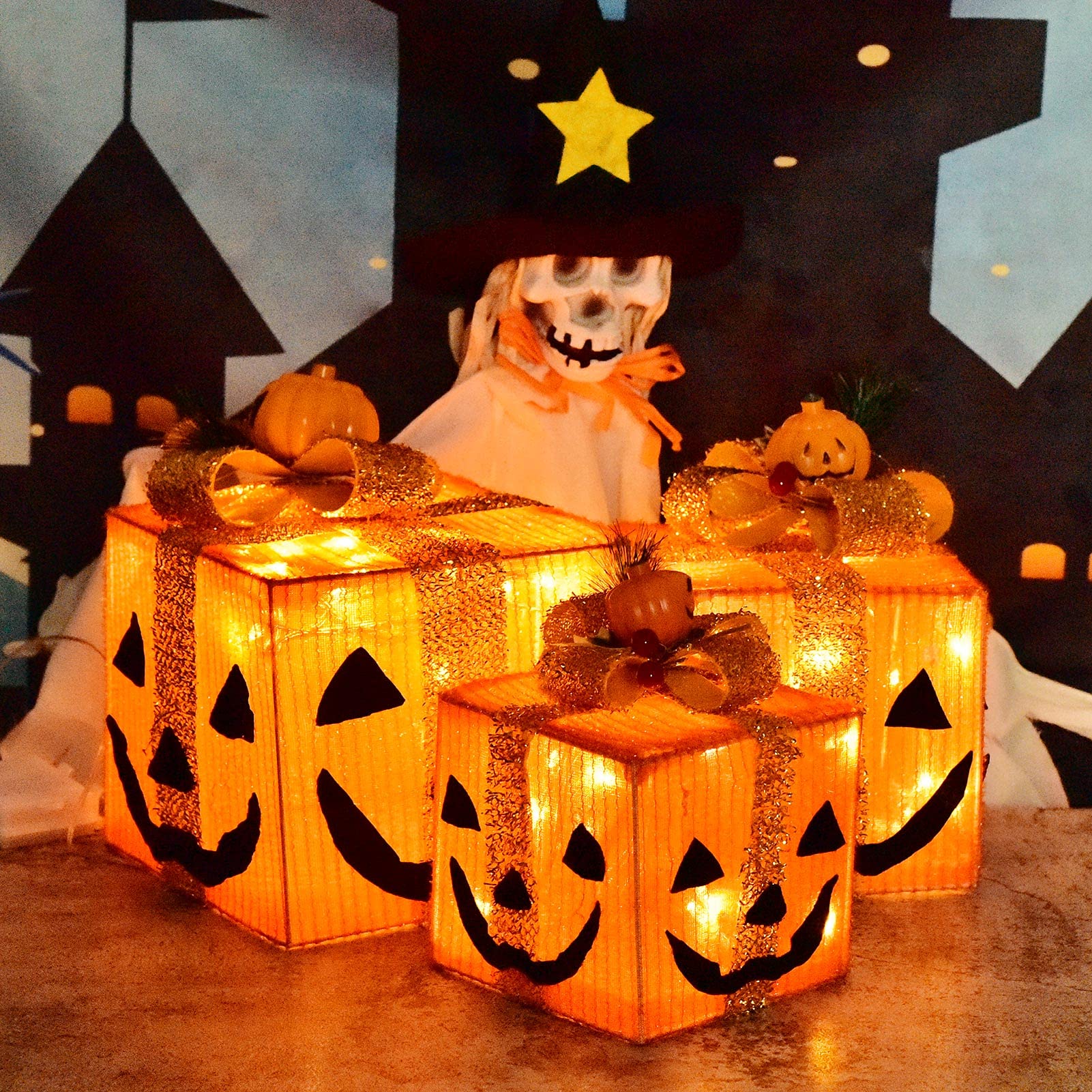 SPRKLINLIN Set of 3 Halloween Pumpkin Decor Gift Boxes, Light Up Halloween Lights with Mini Bulbs, Halloween Decorations Indoor/Outdoor, Presents Boxes Gold Thread for Halloween Decor Party Holiday