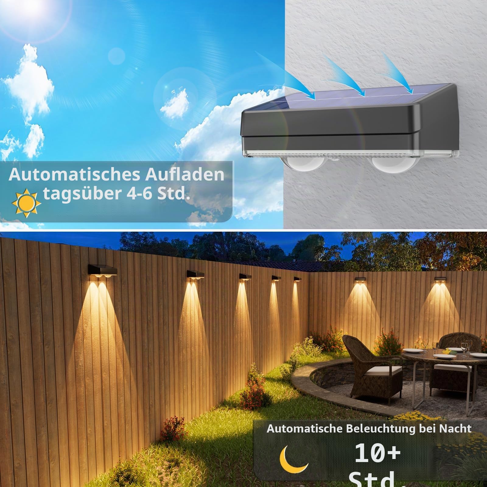 VOLISUN 12 Stück solarlampen für außen, 10 Farben & farbwechselnde Solar Wandleuchte Aussen IP65 Wasserdicht, RGB Heller Solarlampen für Außen Wand für Garten, Pools, Haus, Deck, Porch (Schwarz) | 2 LED-Downlight, IP65 wasserdicht, 10 Farben und 12 Modi,