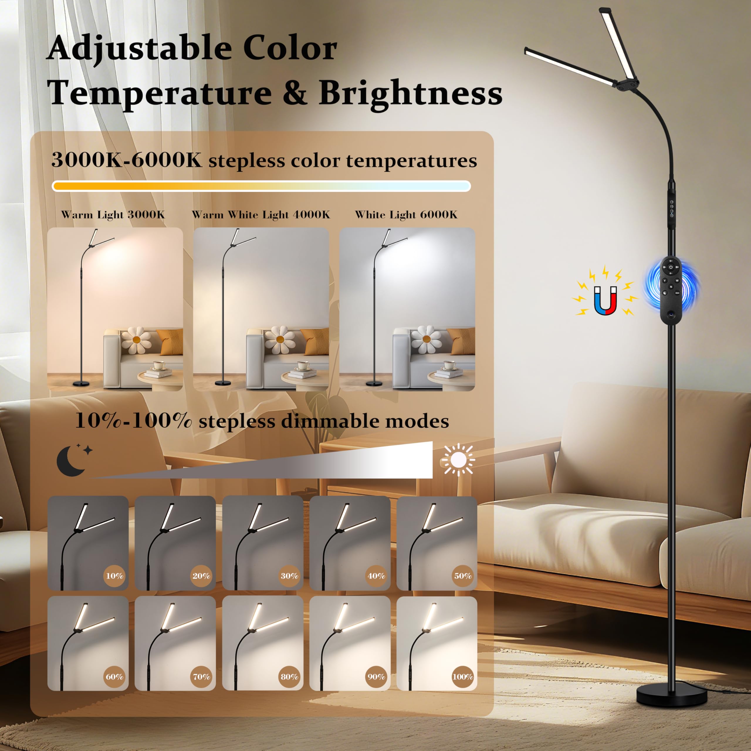 Augenschonende Stehlampe für den Innenbereich, 3000K–6000K und Helligkeit einstellbar, Fernbedienung und Touch-Bedienung, Leselampe mit verstellbarer Höhe, flexibler Schwanenhals für Wohnzimmer und Sc