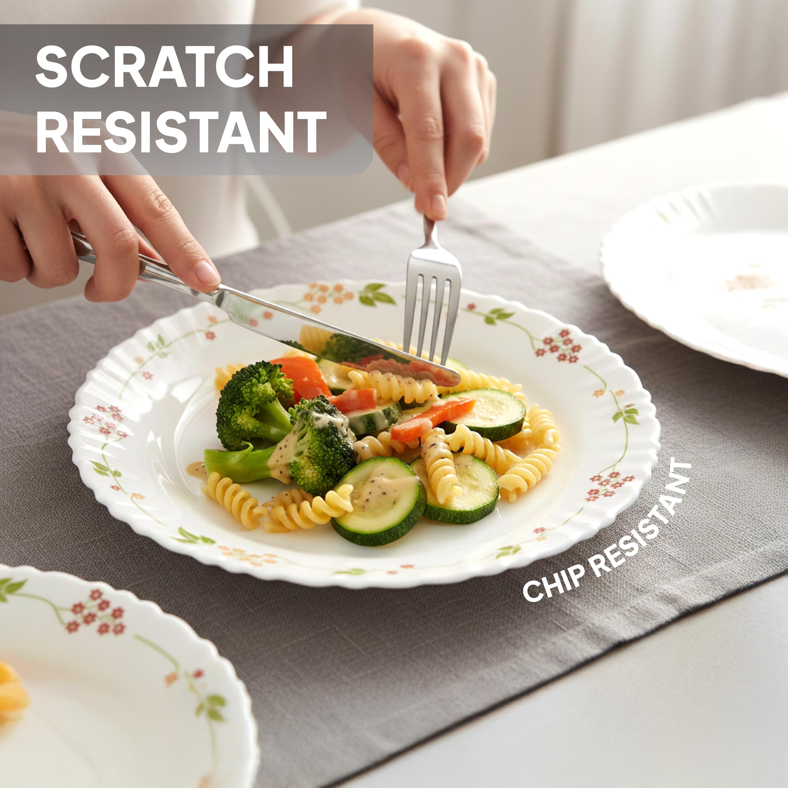 Cello Opalware seria Dazzle Secret Garden zestaw obiadowy, 35 sztuk, zestaw obiadowy ze szkła opalowego dla 6 osób, lekki, zestaw naczyń do codziennego użytku do jadalni, zestaw białych talerzy i