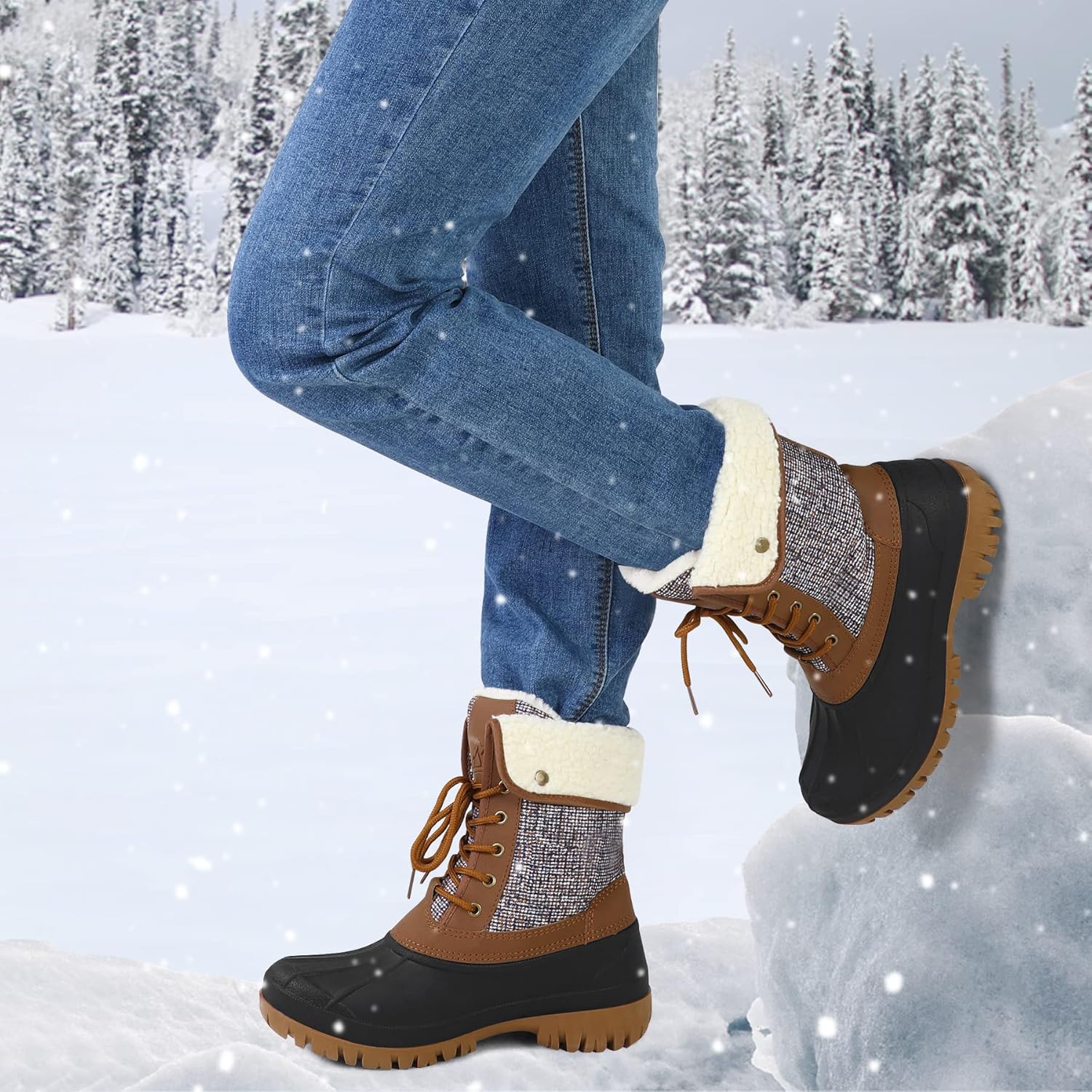 mysoft Women's Waterproof Snow Boots Insulated Warm, Lace-Up Winter Mid Calf Duck Boots for Outdoor