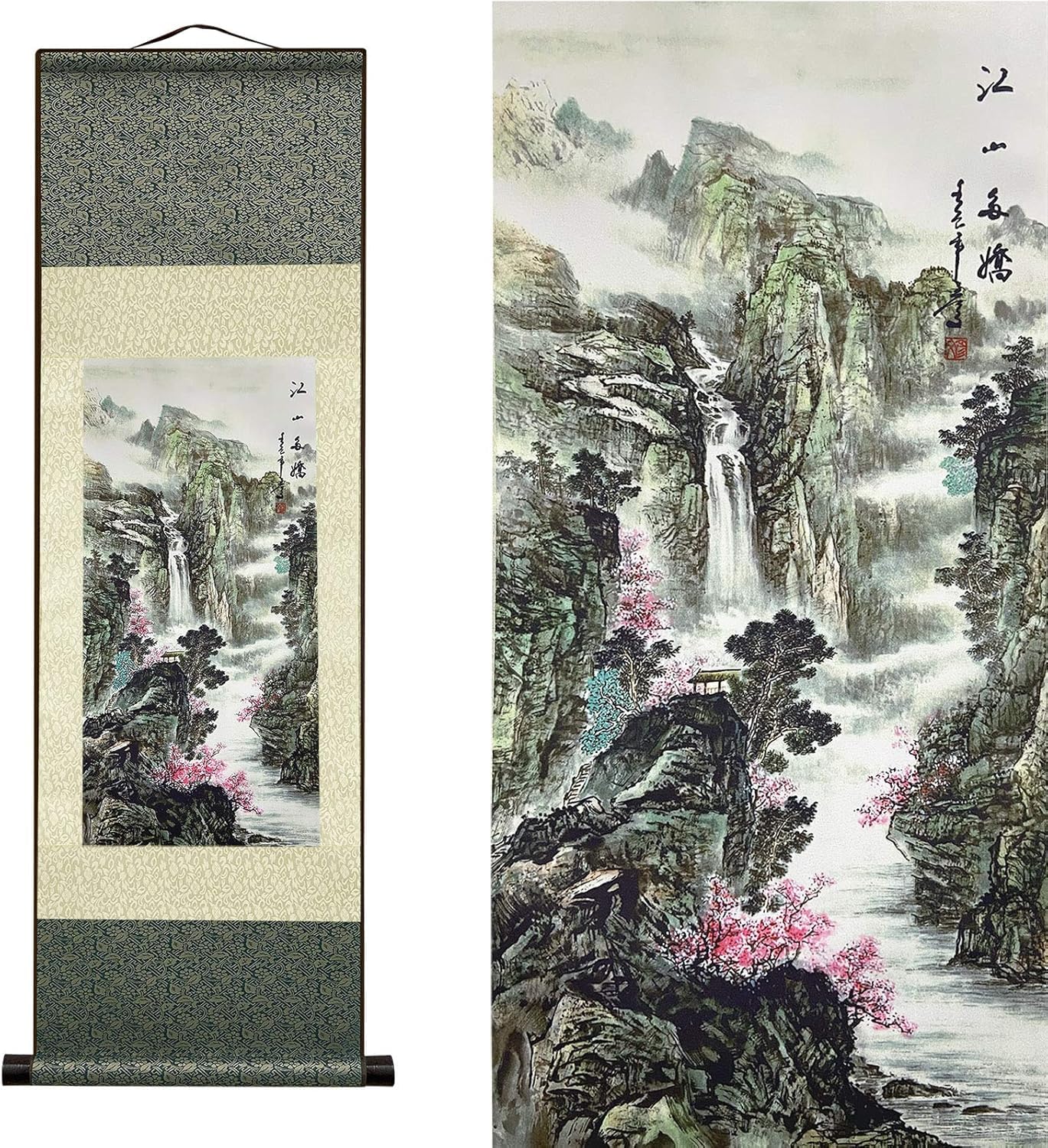 Atfart N-162 Silk Asian Wall Decor - Jiang Shan Duo Jiao River Landscape - Beautiful Chinese Art Wall Scroll - Oriental Decor (36.2X12in)