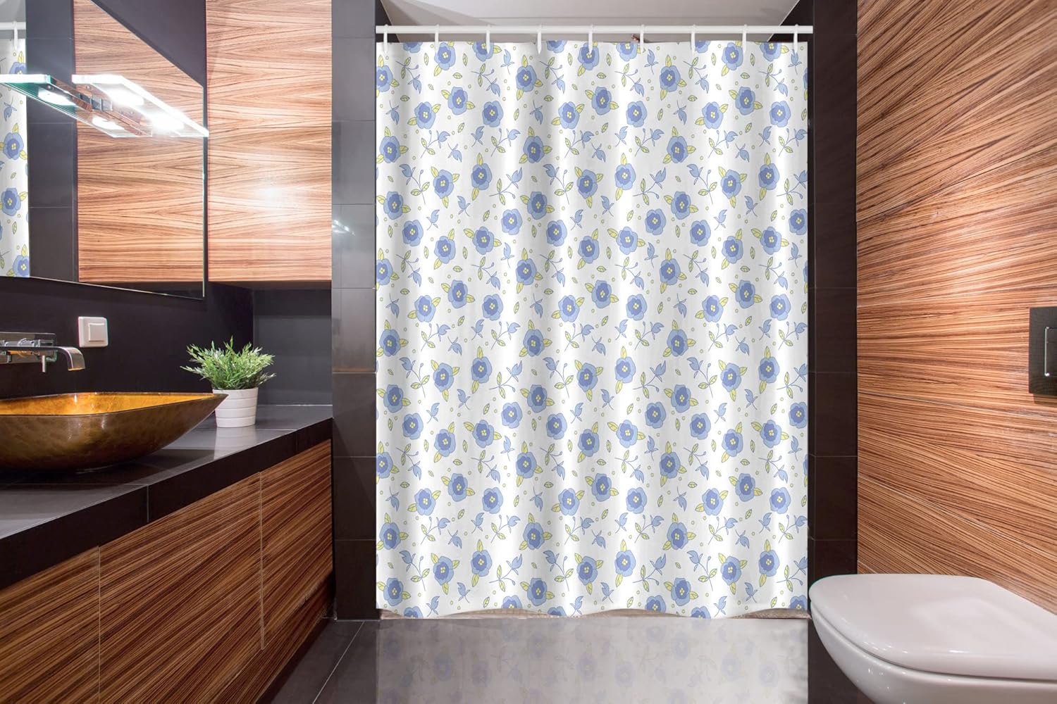 Ambesonne Floral Stall Shower Curtain, Flourishing Summer Rose Flowers in Blue Colors Leaves Dots, Fabric Bathroom Decor Set with Hooks, 54" W X 78" L, Royal Blue Yellow