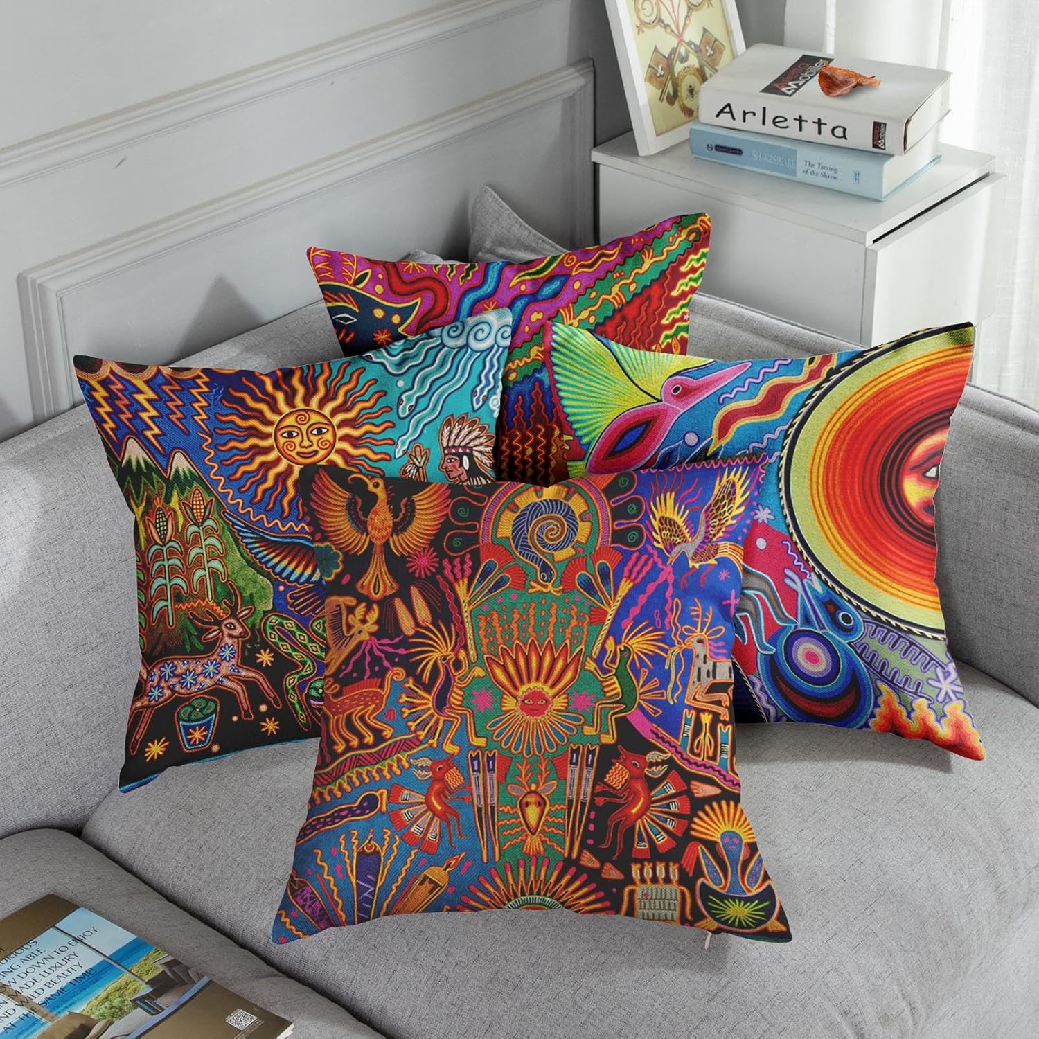 Sanwarm Throw Pillow Covers Home Decor Set of 4 Pillow Cases Decorative 18 x 18 Inches Outdoor Cushion Couch Sofa Pillowcases Colorful Boho Circle Doodle Ethnic Leaf - Image 5