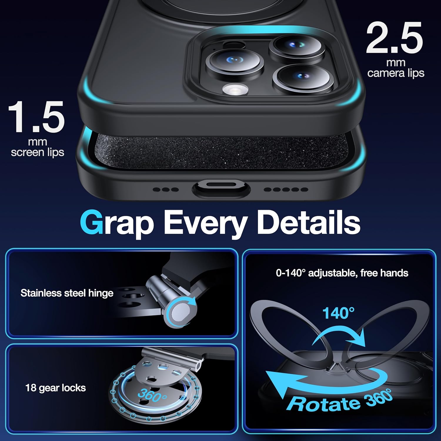 360°Rotatable Magnetic Ring for iPhone 15 Pro Case Compatible with MagSafe [Non-Slip Texture Edge] [Built-in Kickstand][Military Shockproof] Translucent Matte Soft Silicone Bumper Slim,Black - Image 5