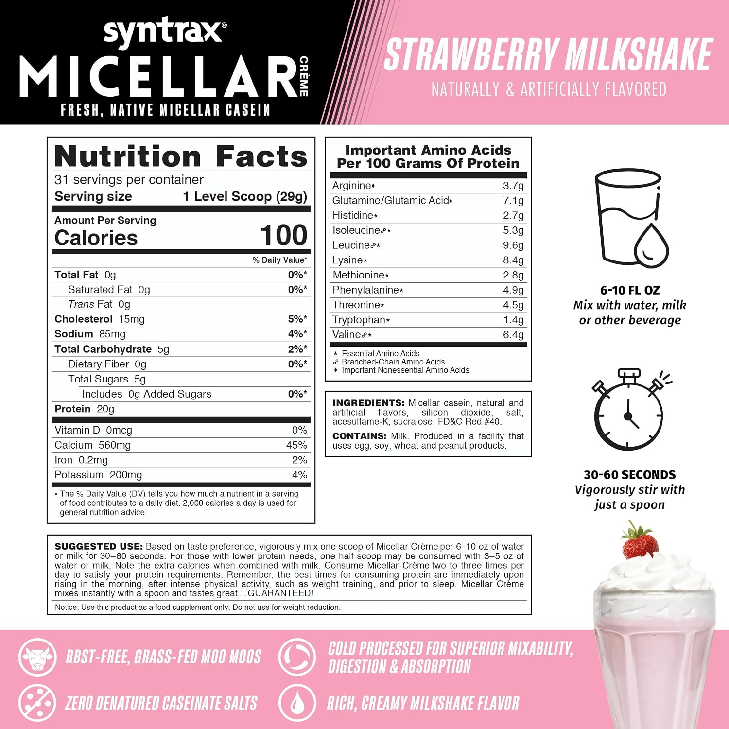 Syntrax Nutrition Micellar Creme, Fresh, Native Micellar Casein, Strawberry Milkshake, 2 lbs.