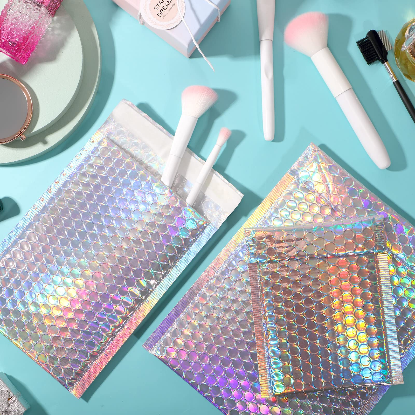 Paquete de 100 sobres metálicos de burbujas de 3 tamaños, holográficos, acolchados, con burbujas, arcoíris, de polietileno, sobres acolchados de aluminio, con cierre adhesivo, bolsas de envío para
