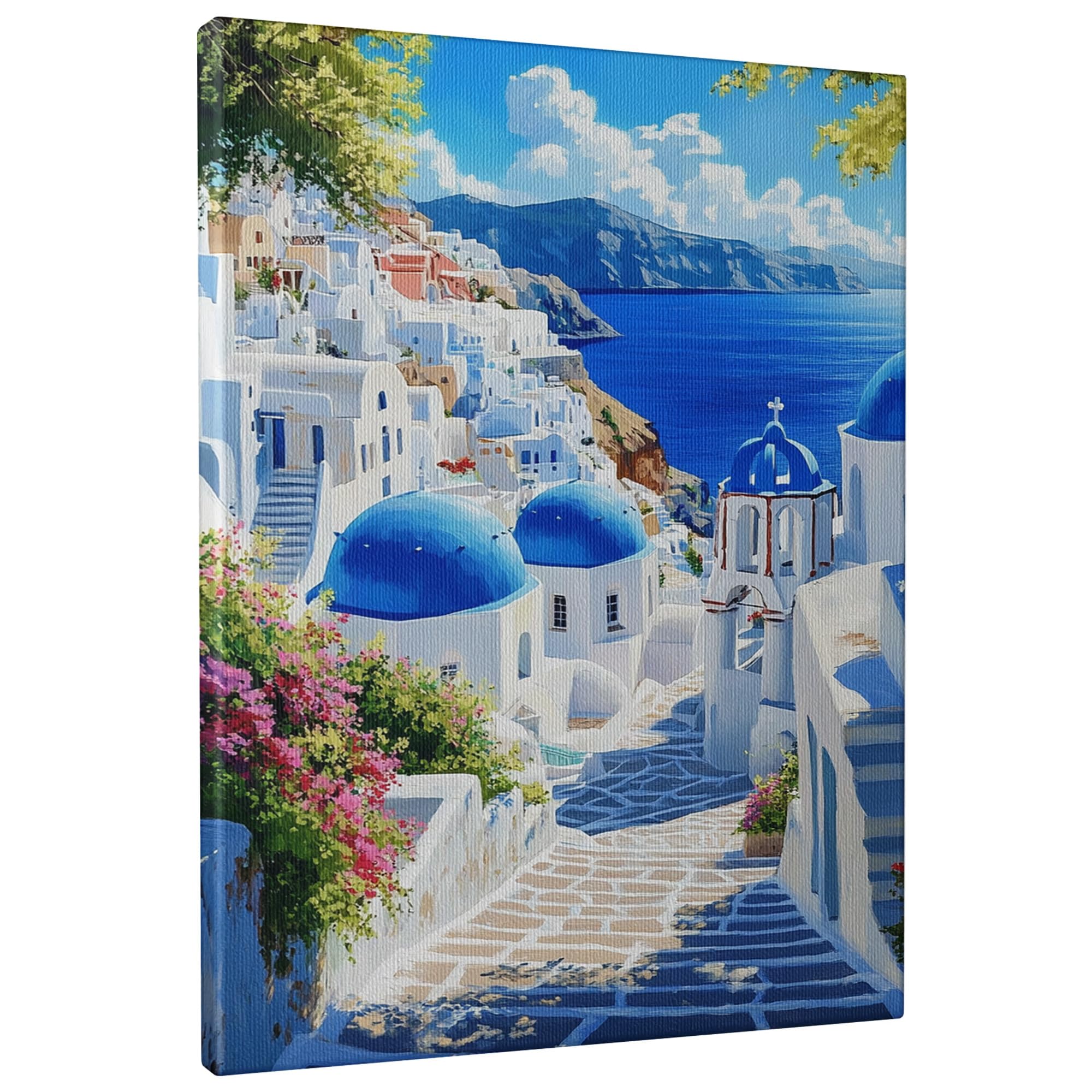 Blue Dome Canvas Wall Art, Mediterranean Sea Scenery Art Print, Travel Aesthetic Decor For Living Room, Bedroom, Office, Wrapped Canvas 12x16 Inch