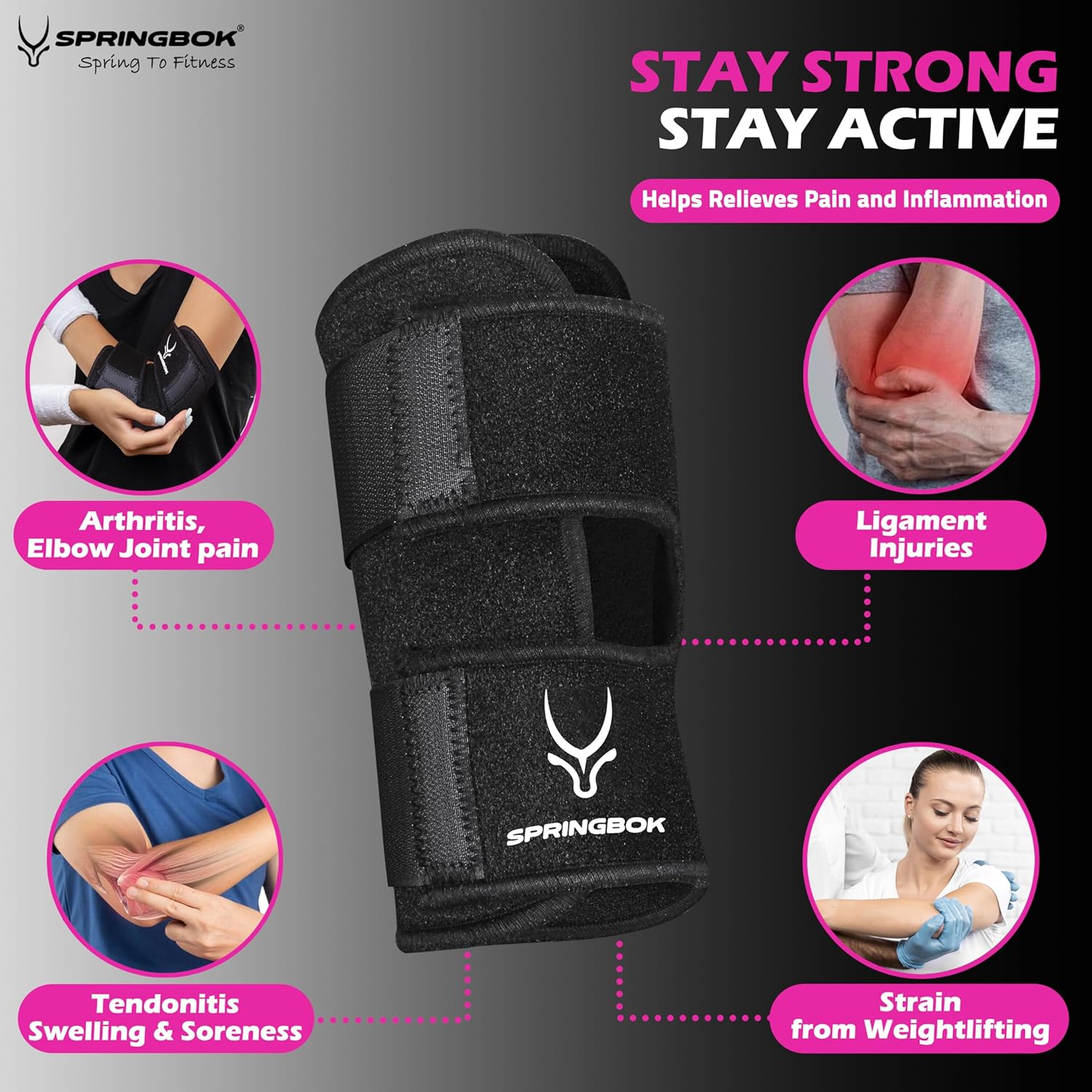 SPRINGBOK Elbow Wrap Support – Adjustable Compression Brace for Tennis Elbow, Golfer’s Elbow, Tendonitis & Cubital Tunnel – Pain Relief & Injury Recovery – Comfortable Fit – Black (Single)