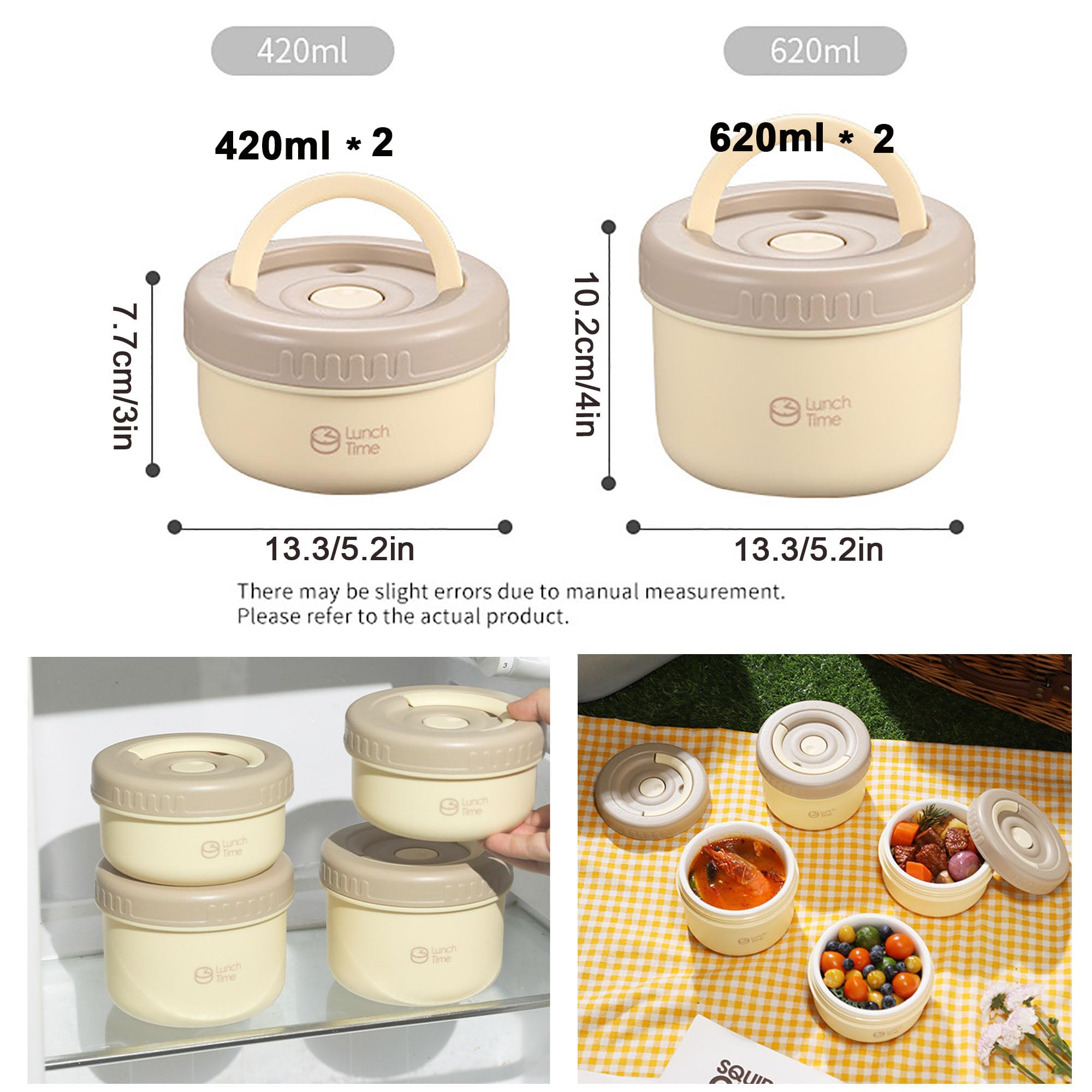 Ceramica Scatola Pranzo Contenitore Termico, Contenitore Termico per Pranzo Forma Rotonda per Conservazione Degli Alimenti Scatole Picnic per pasti fuori casa, lavoro, scuola,Brown-4 pieces