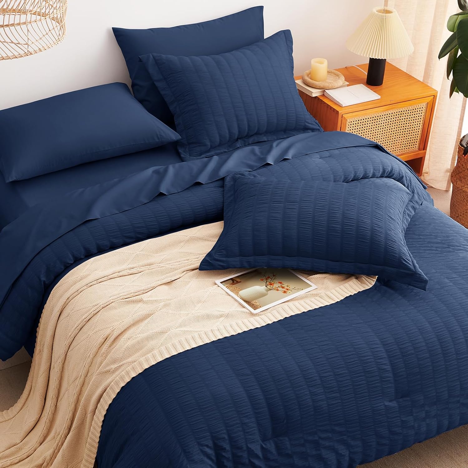 CozyLux Queen Comforter Set Navy Blue Seersucker 7 Pieces Bed in a Bag Queen Comforter Set with Sheets Luxury Soft Bedding Set with Down Alternative Comforter, Sheets, Pillowcases & Shams All Seasons - Image 6