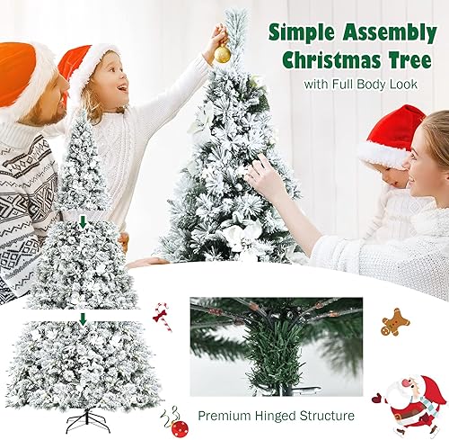 Miniatura 4 de Goplus Árbol de Navidad artificial flocado de nieve de 8 pies, árbol de Navidad con bisagras con soporte de metal plegable, bayas blancas y flores