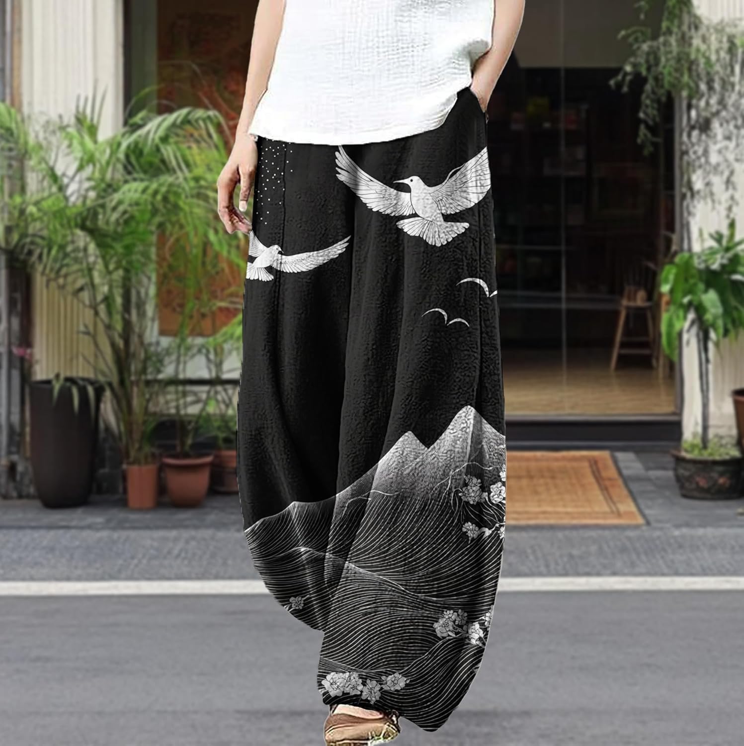 MARSVOVO Wide Leg Pants Woman Lounge Casual Cute Print Harem Pants Plus Size Elastic Travel Palazzo Pants with Pockets - Image 2