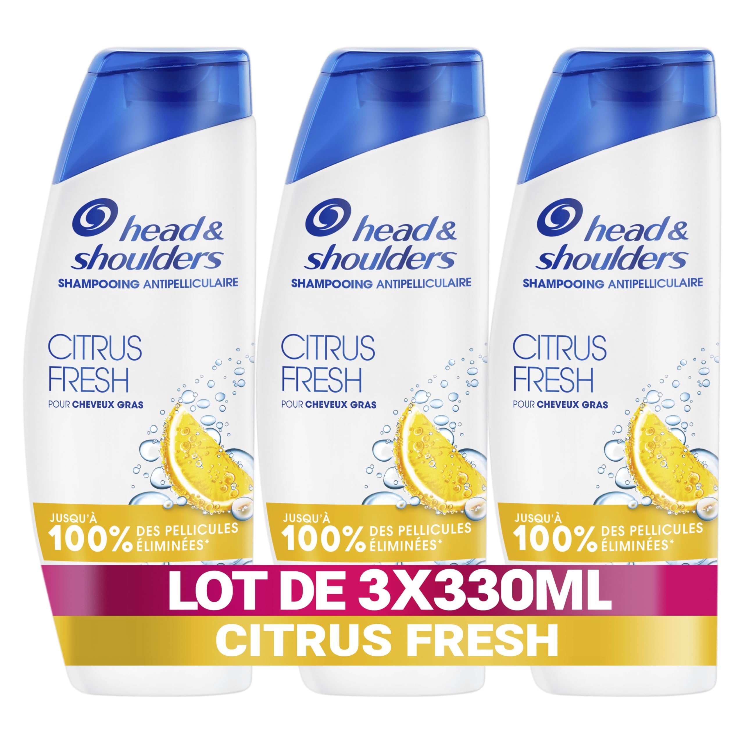 Head & Shoulders Citrus Fresh Shampoing Antipelliculaire Pour Cheveux Gras 3x330ml; Usage Quotidien; Jusqu'à 100% des Pellicules Éliminées, Cliniquement Prouvé (lot de 3 x 330 ml)